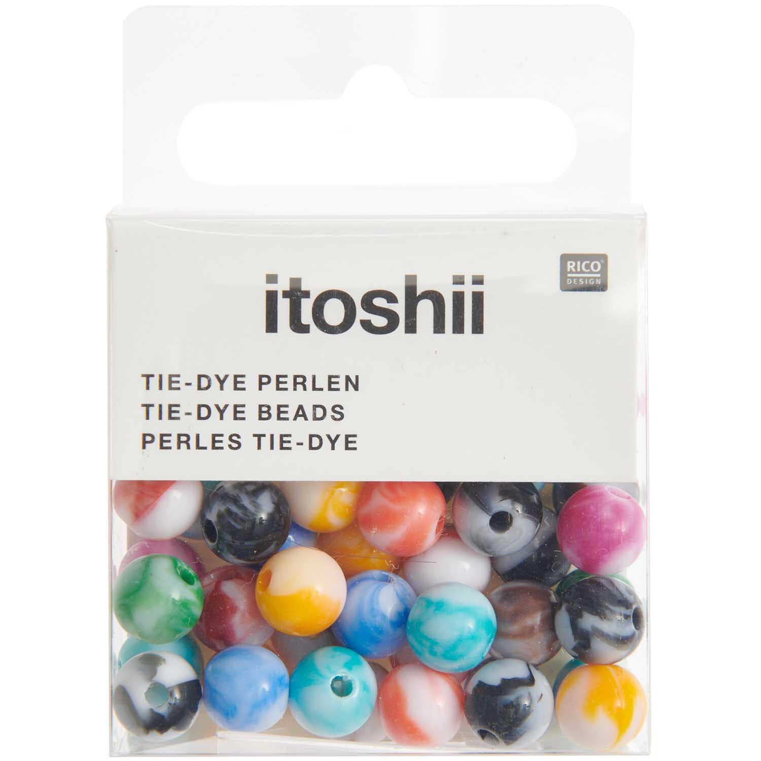 Itoshii Tie-dye Perlen in verschiedenen Farben, 8mm, 48 Stück, von Rico Design in Verpackung.