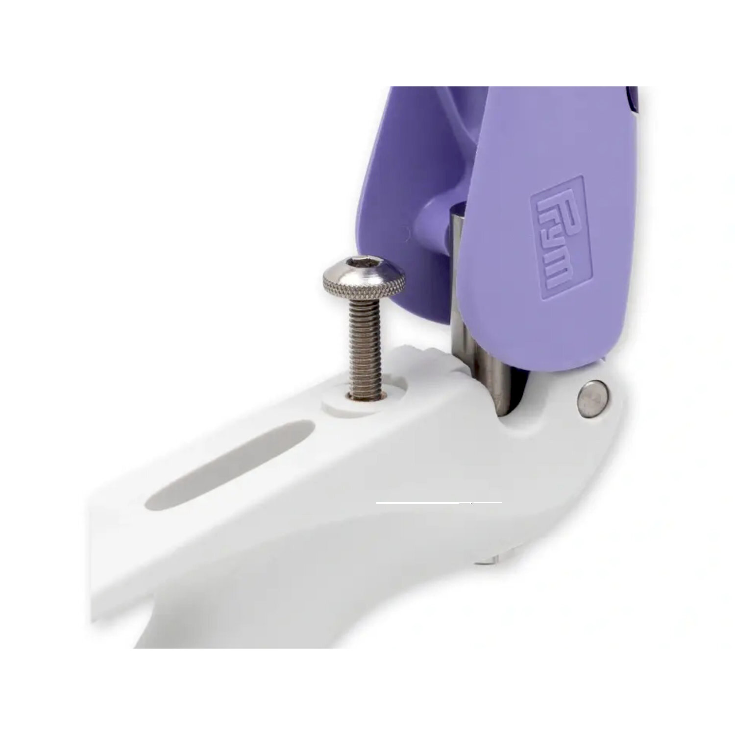 Vario Creative Tool - Stanzwerkzeug in Weiß und Lila von Prym, Nahaufnahme des Schraubmechanismus.