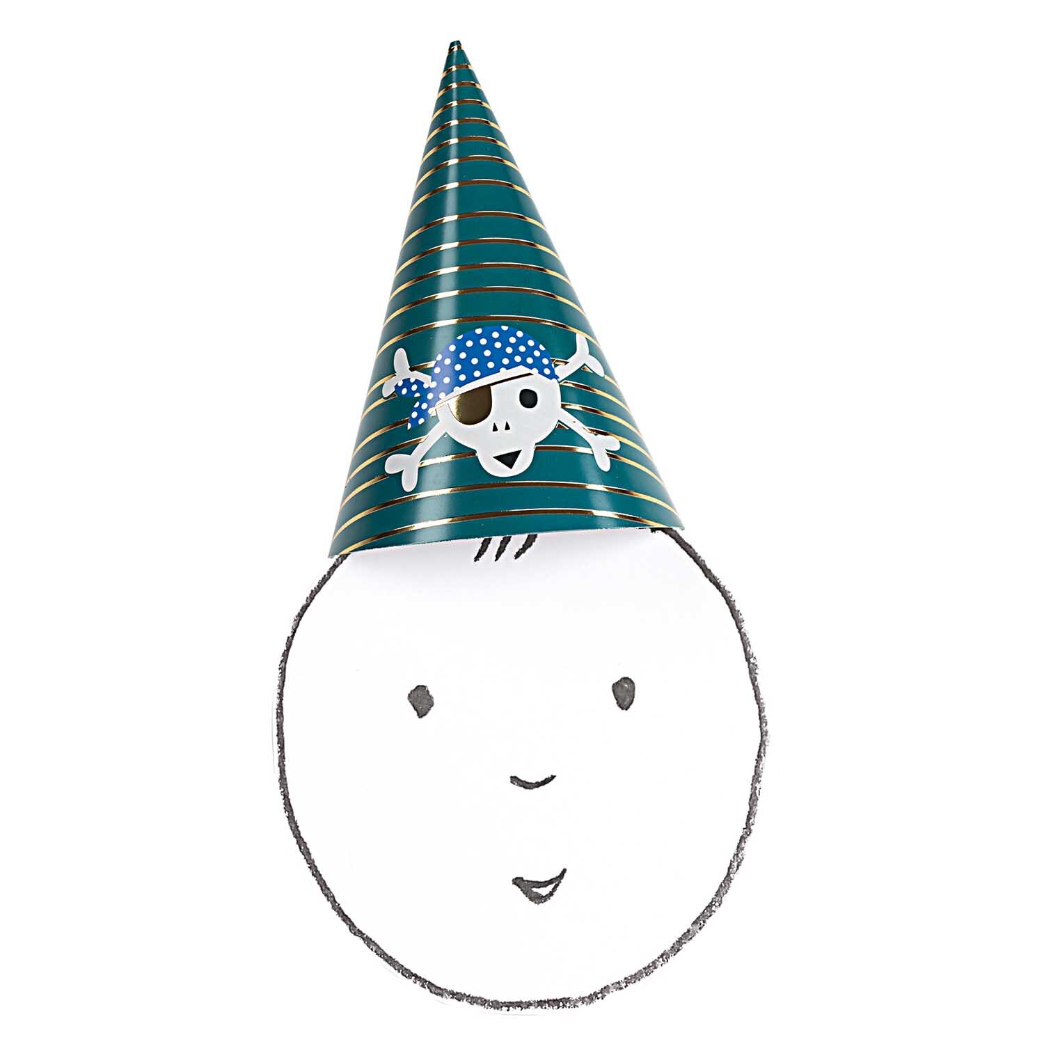 Partyhüte Pirat 20cm 8 Stück von Rico Design: Bunter Hut mit Totenkopf-Motiv auf weißem Hintergrund.