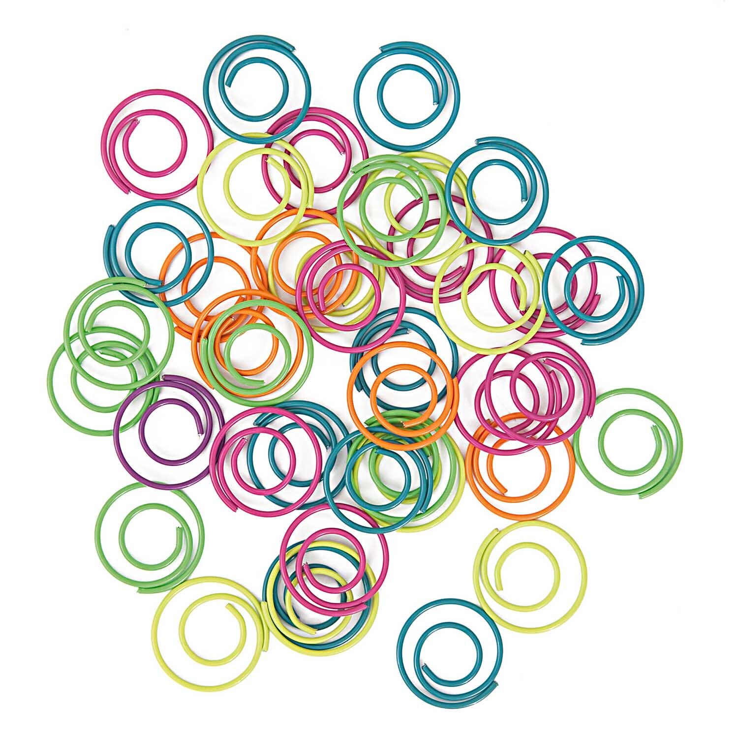 Paper Poetry Büroklammern Kreise 30 Stück von Rico Design in bunten Farben, auf weißem Hintergrund verstreut. Ideal für kreative Büroarbeiten.