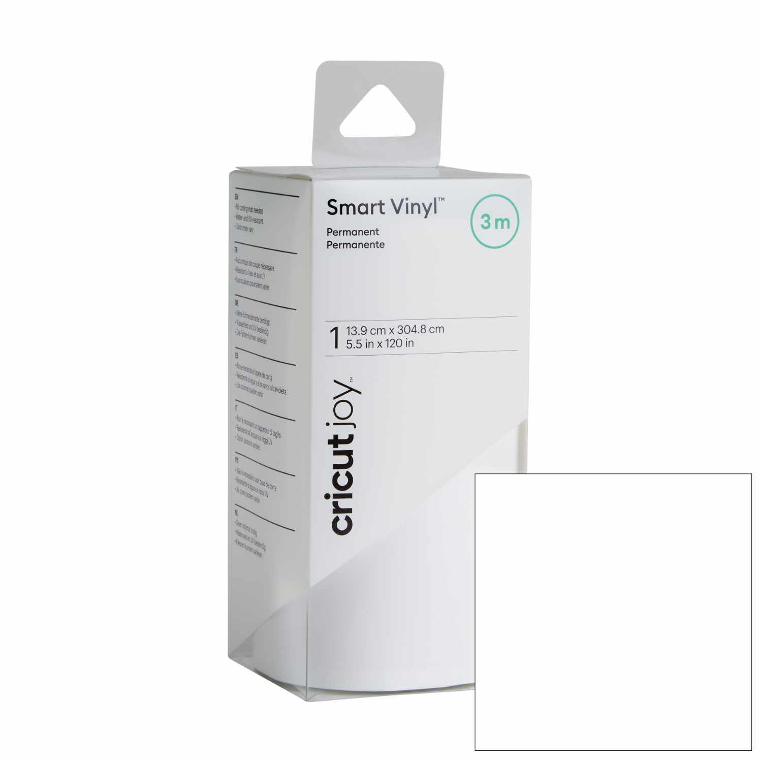Joy Smart Vinyl Permanent 13,9x304,8cm in Weiß von Cricut, verpackt in einer rechteckigen Box. Ideal für kreative Projekte.