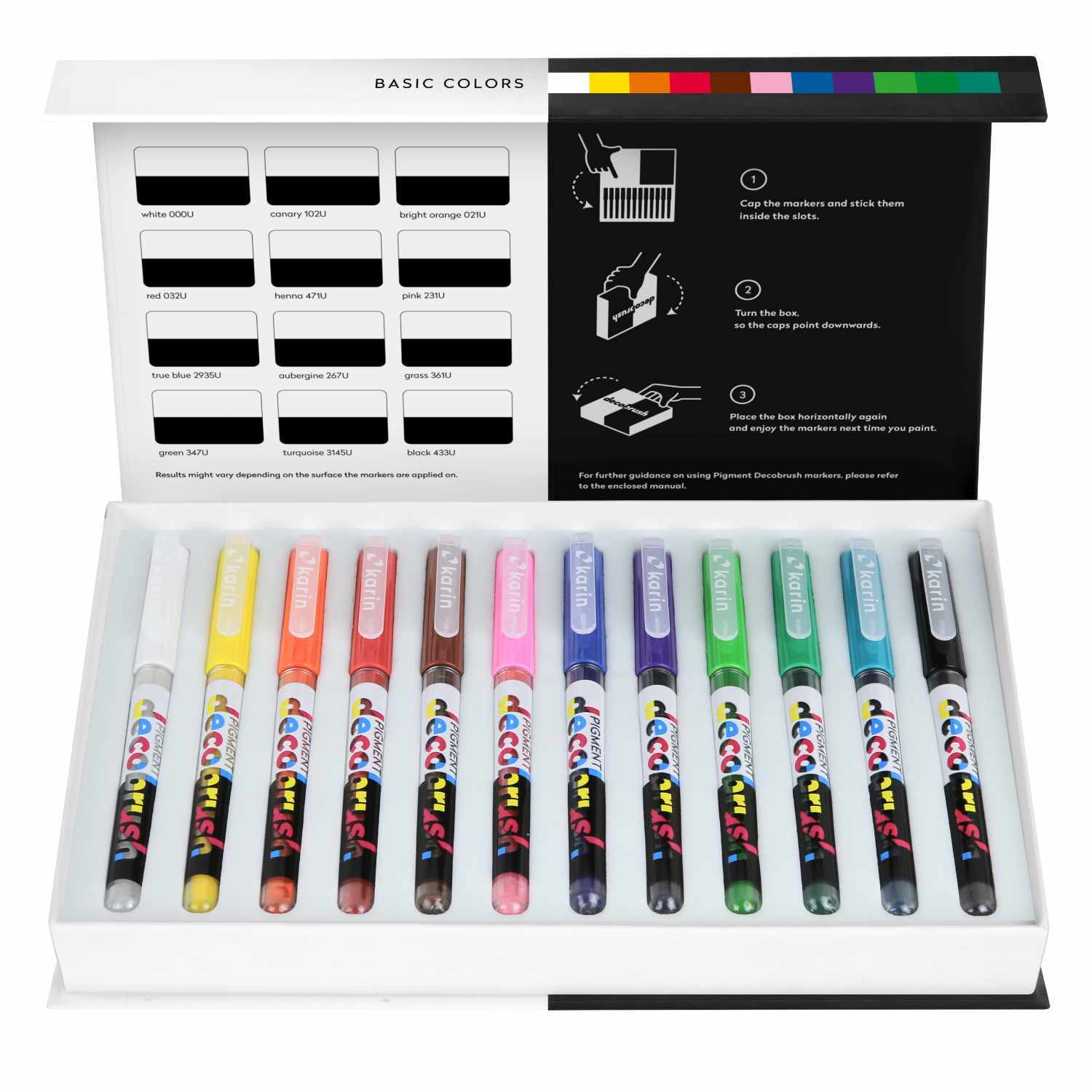 PIGMENT Deco Brush Marker Basic Colors Set mit 12 leuchtenden Farben in offener Verpackung. Ideal für kreative Projekte.
