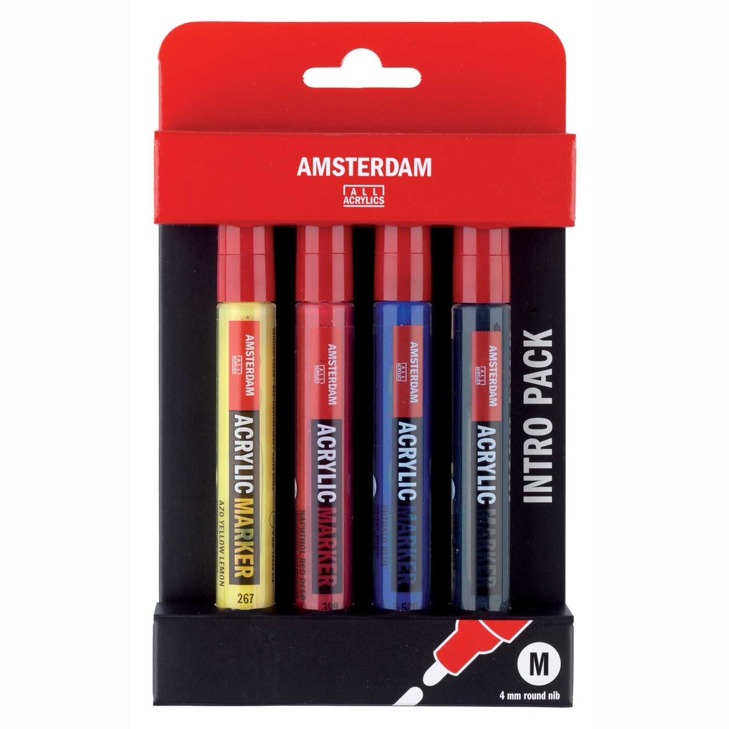 Acrylic Marker Set Basis 4 Stück: Vier Marker in Gelb, Rot, Blau und Schwarz in einer Verpackung von AMSTERDAM.