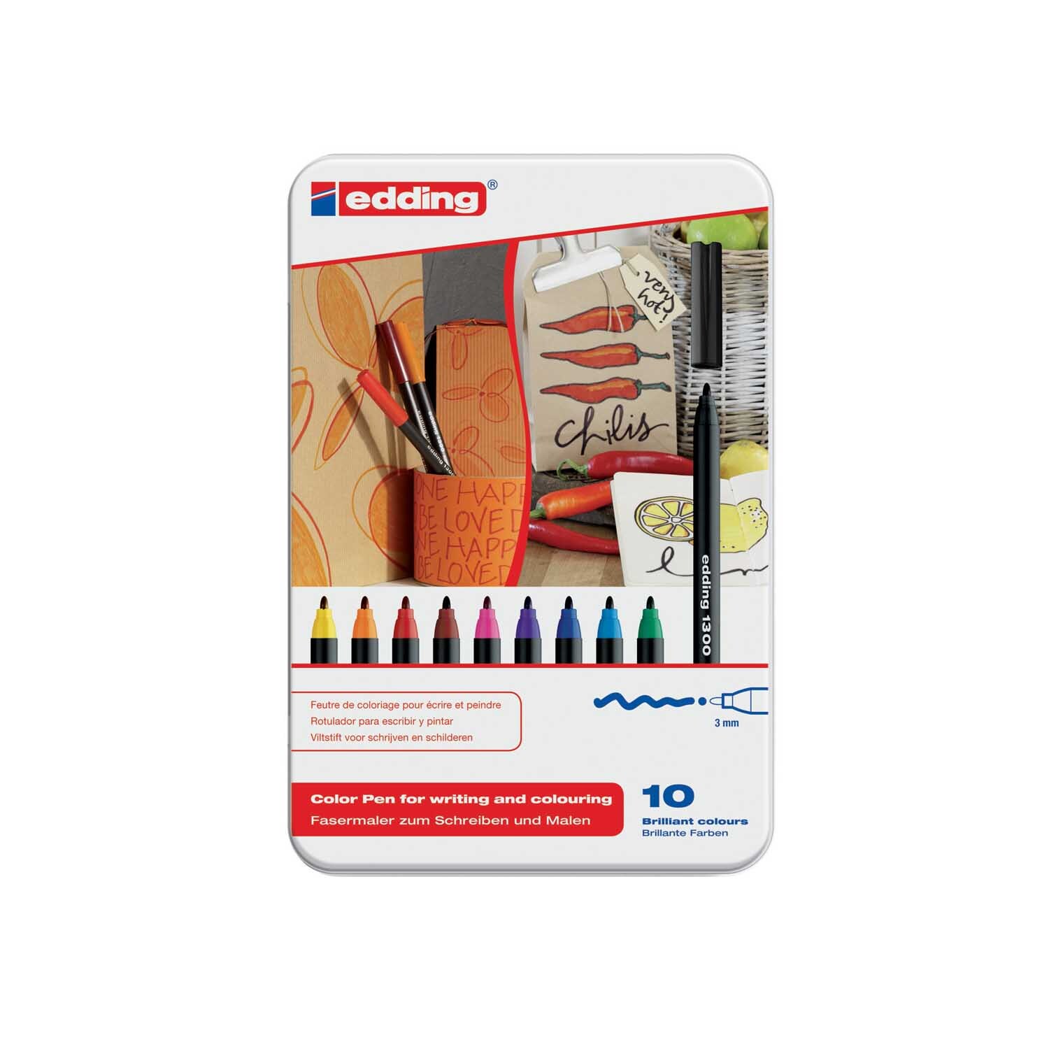 1300 im Blechetui 10er Set: Ein Set aus 10 edding Filzstiften in verschiedenen Farben, ideal zum Schreiben und Malen.