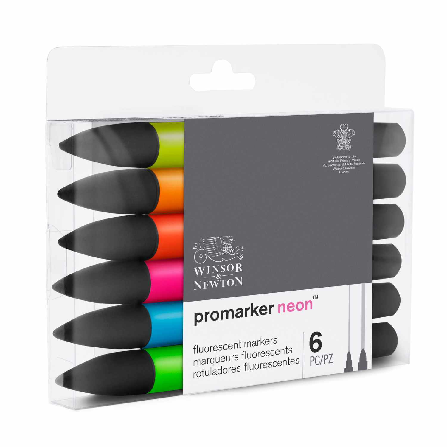 Promarker Aquarellmarker Neon 6 Stück von Winsor & Newton in leuchtenden Farben in einer transparenten Verpackung.