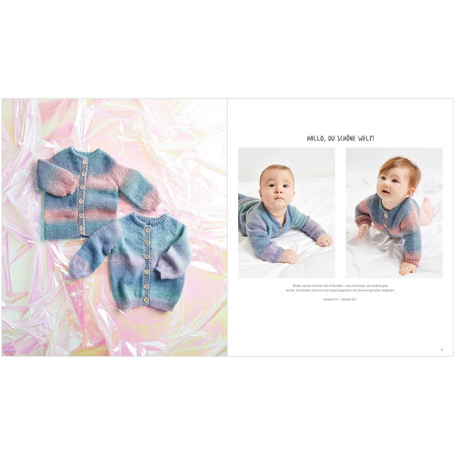 Rico Baby Heft Nr.35 zeigt zwei gestrickte Babyjacken in sanften Pastelltönen auf schimmerndem Hintergrund.