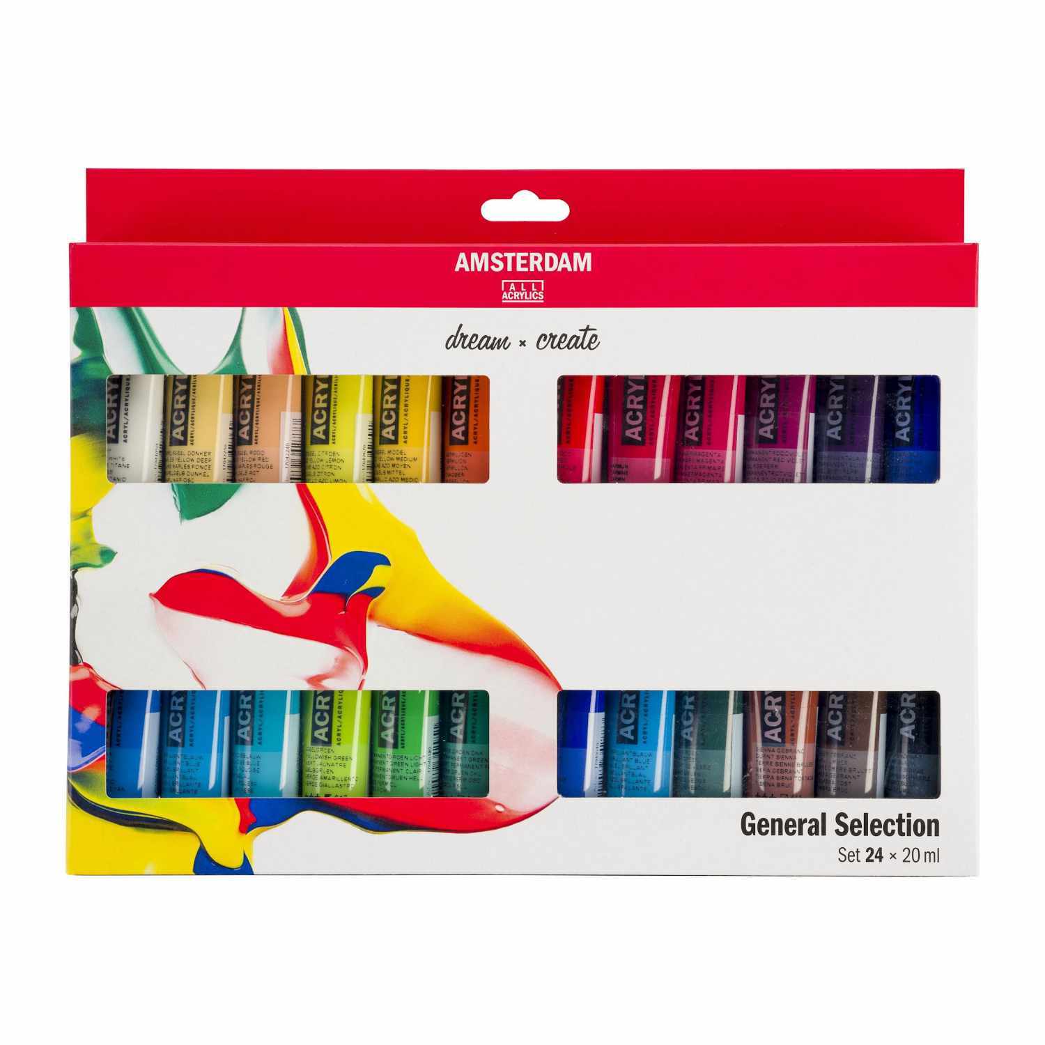 Acrylfarbe Set 24x20ml zeigt eine bunte Auswahl an Farben in einer Verpackung der Marke AMSTERDAM.