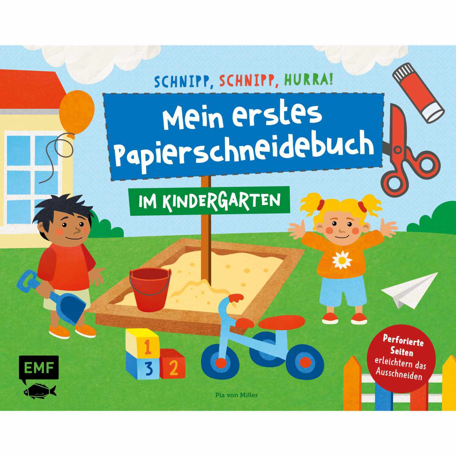 Mein erstes Papierschneidebuch zeigt fröhliche Kinder im Kindergarten mit Bastelmaterialien.