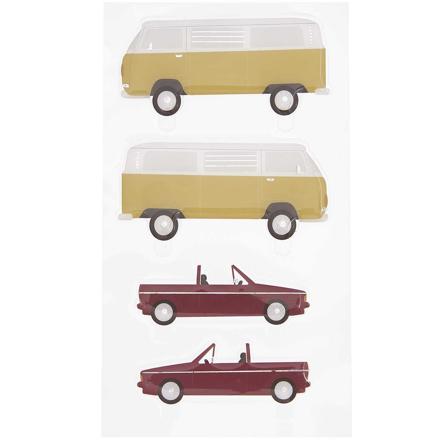 Figurico Gelsticker Autos: Gelbe und rote Autoaufkleber auf weißem Hintergrund, ideal für kreative Dekorationen.