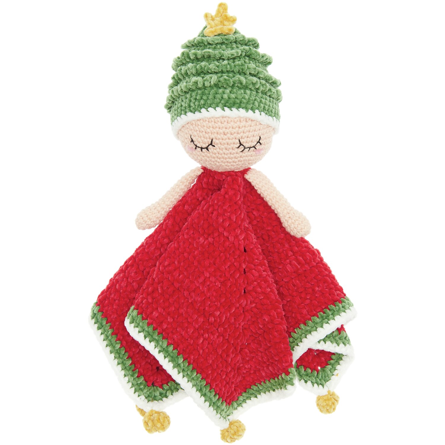 Häkelset Ricorumi Baby Blankies Weihnachtswichtel: Rotes und grünes Häkelspielzeug von Rico Design mit gelben Details.