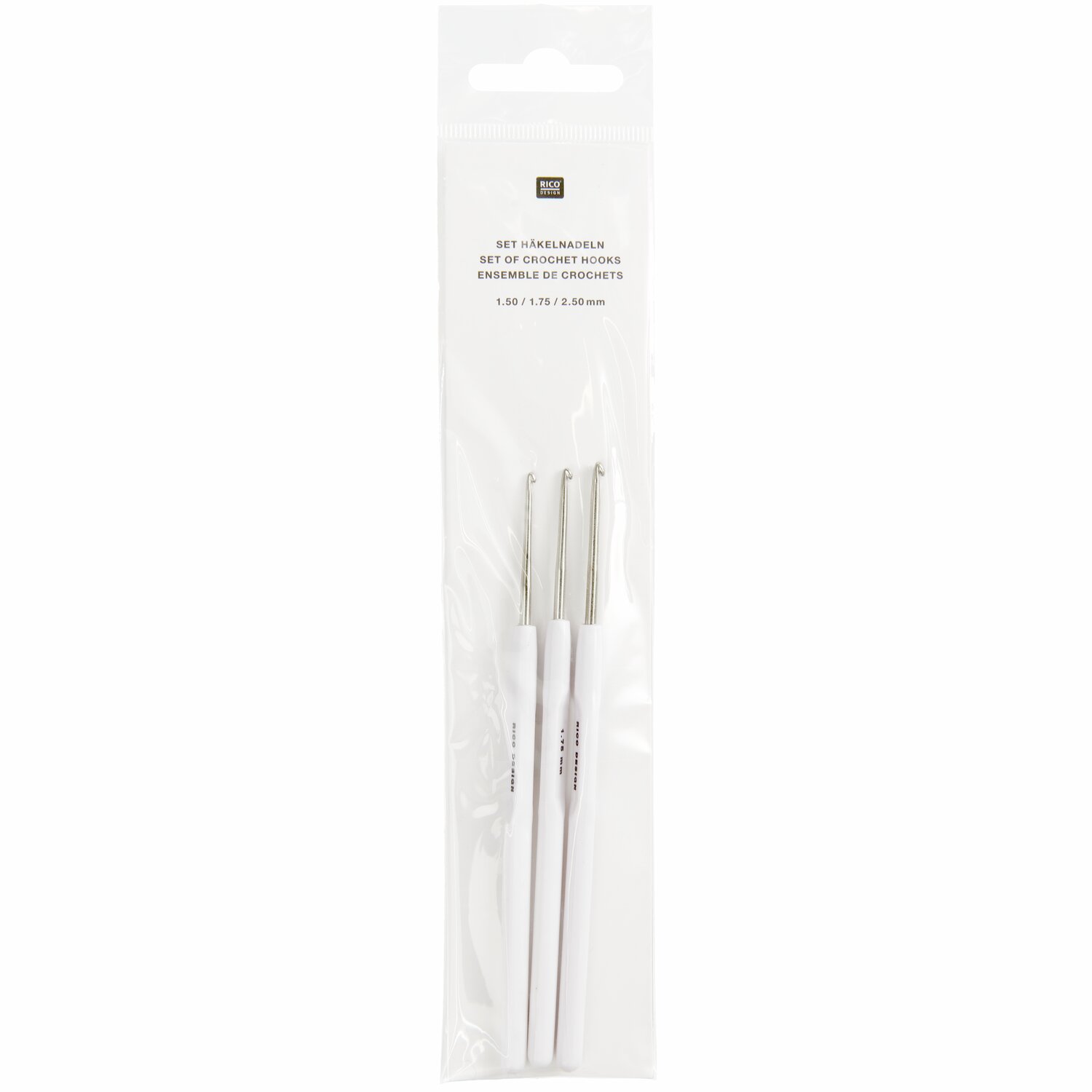 Schmuck Häkelnadeln 3er Set von Rico Design in weißer Verpackung, ideal für kreative Projekte.