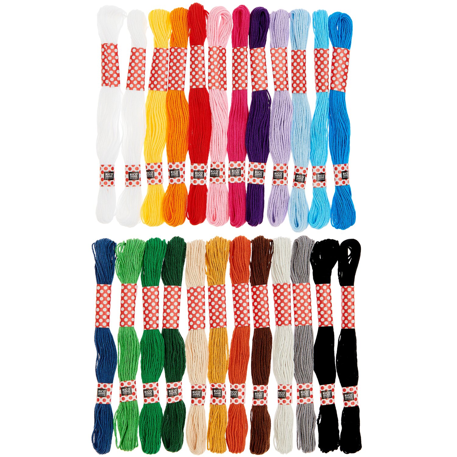 Stickgarn Set Basic 24-teilig mit Rico Design Garnsträngen in zahlreichen intensiven Farbtönen, sortiert in zwei Reihen für vielseitige Stickprojekte