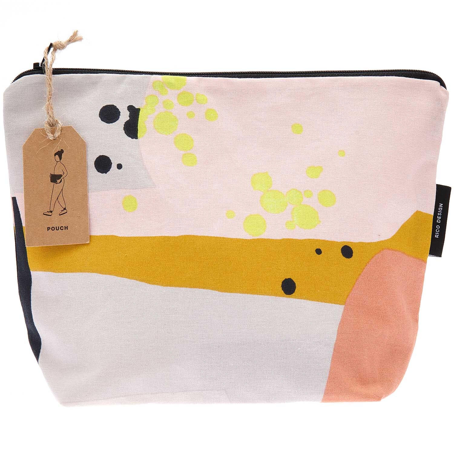 Kosmetiktasche Okina Hana mit grafischem Print in Pastelltönen, von Rico Design, 28x21x9cm.