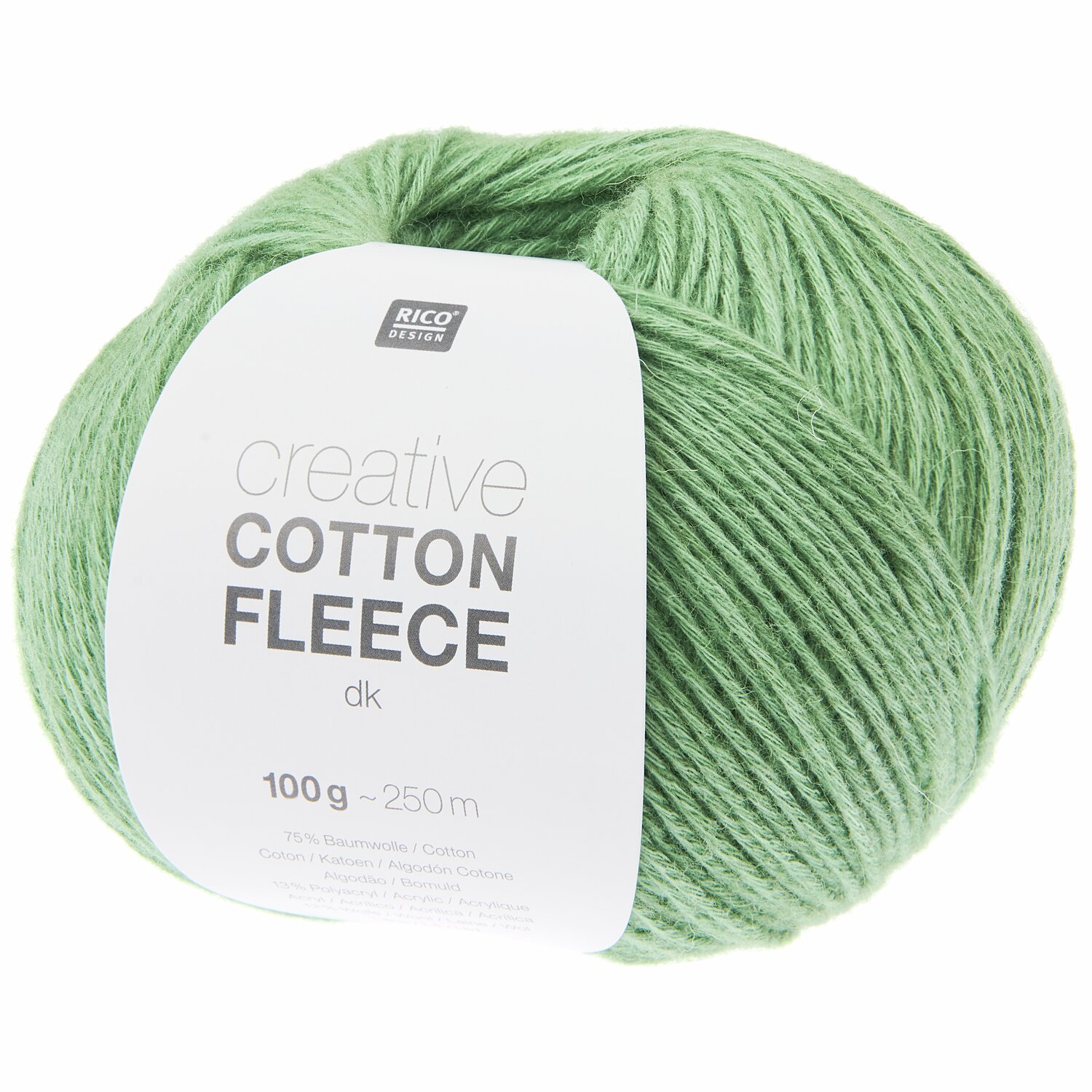 Creative Cotton Fleece dk, weiches Garn in Grün von Rico Design, 100g, ideal für Strickprojekte.
