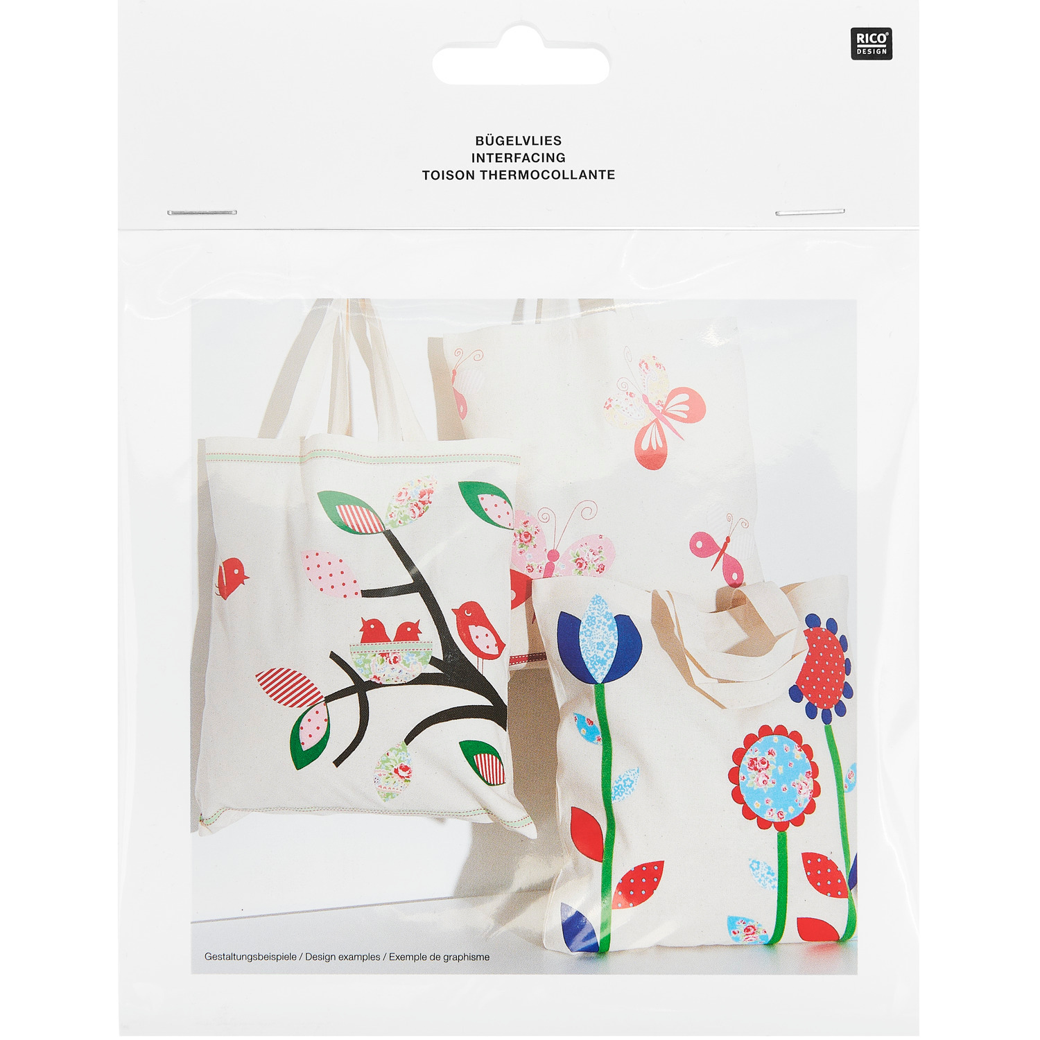 Bügelvlies für Stoffe 45x45cm von Rico Design, ideal für kreative Projekte, zeigt bunte Taschenmotive.