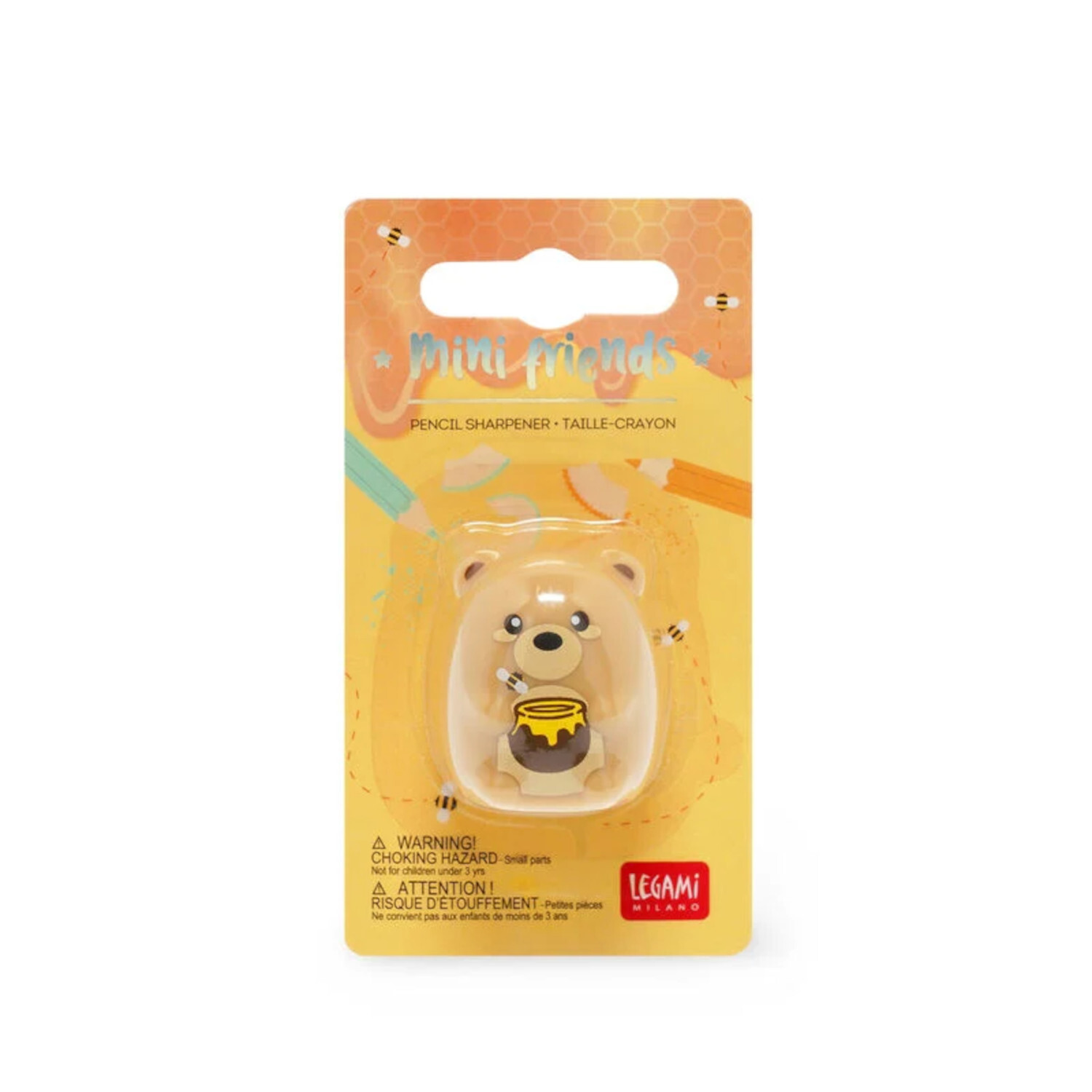 Mini Friends Anspitzer in Form eines Teddys, beige, von Legami, auf bunter Verpackung.