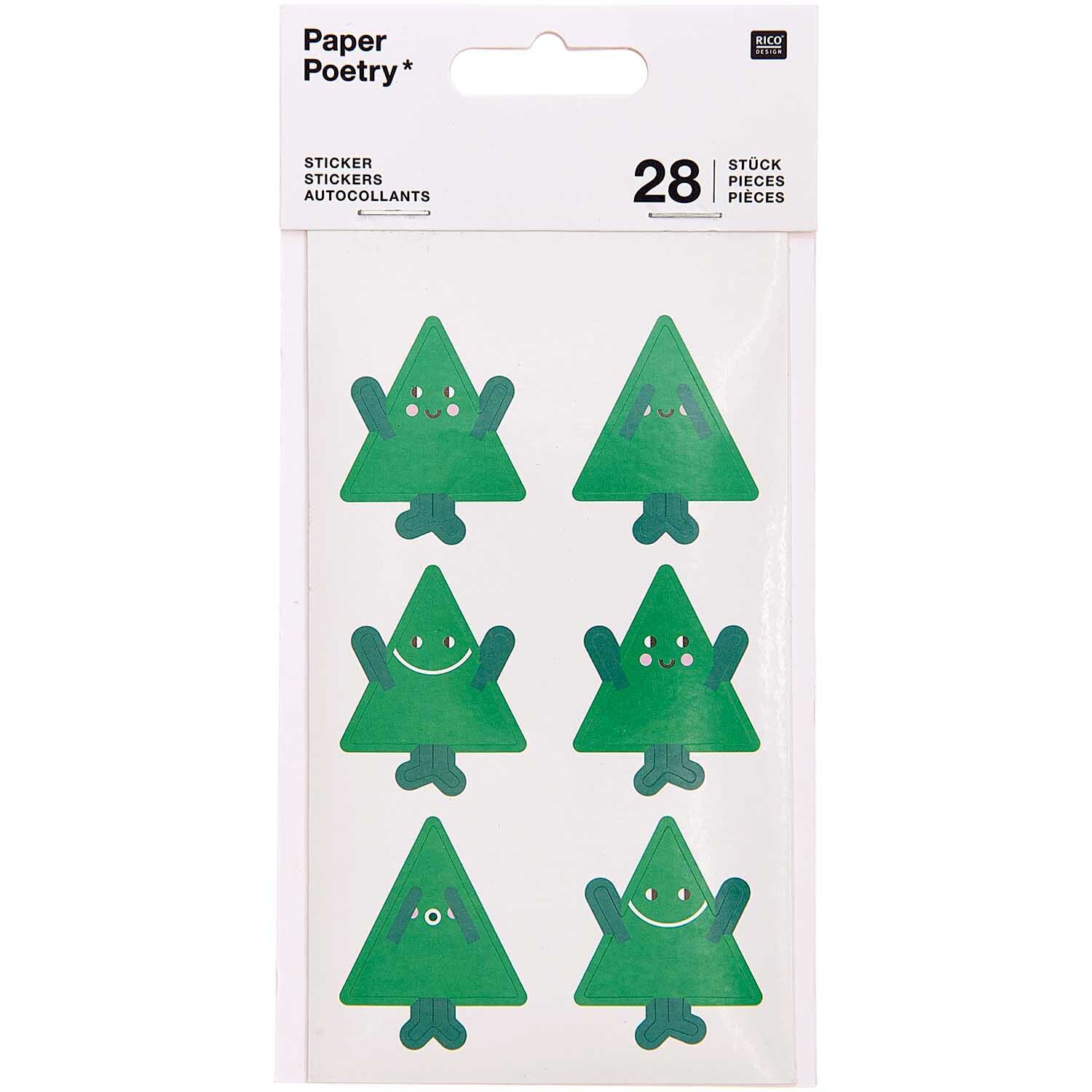 Paper Poetry Sticker Tannenbäume, 28 grüne Baumsticker mit fröhlichen Gesichtern von Rico Design.