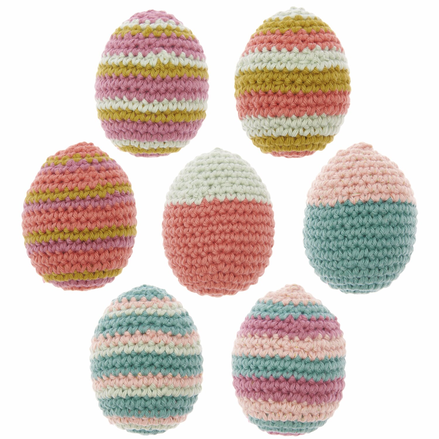 Häkelset Ricorumi Ostereier earthy: Sechs bunte, gehäkelte Ostereier von Rico Design in verschiedenen Mustern.
