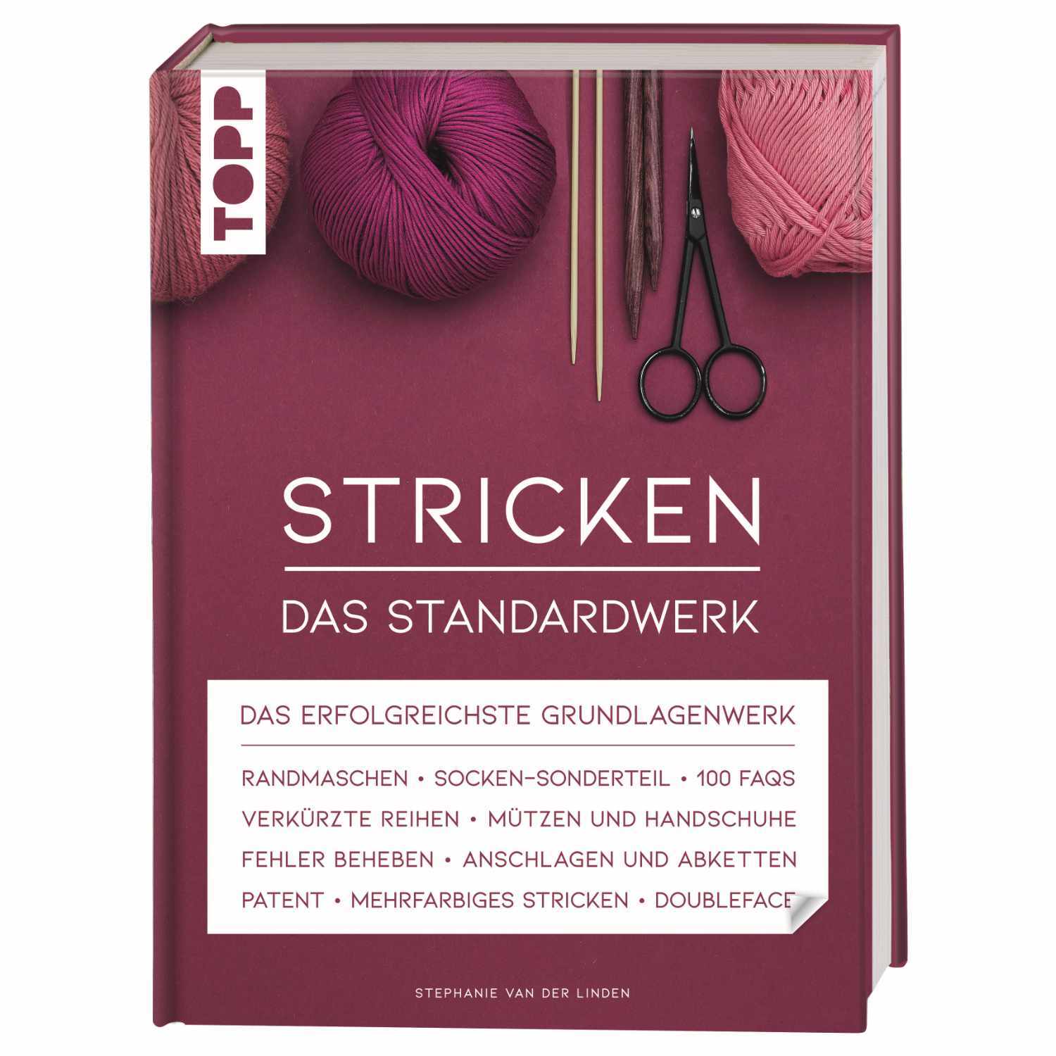 Stricken - Das Standardwerk: Buch mit rotem Einband, Wolle, Stricknadeln und Schere auf dem Cover.