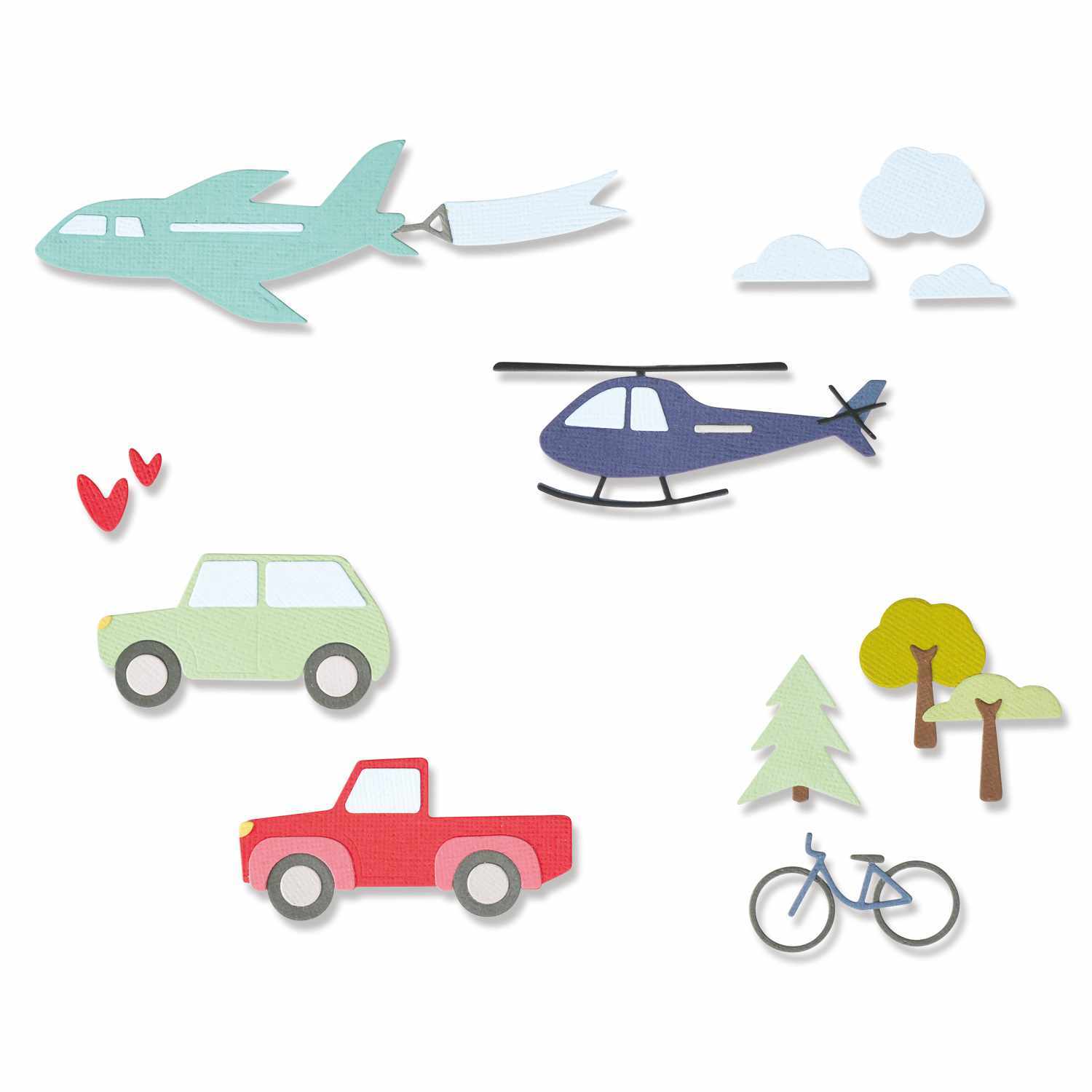 Thinlits Die Transport Collection zeigt bunte Fahrzeuge und Naturmotive, ideal für kreative Projekte.