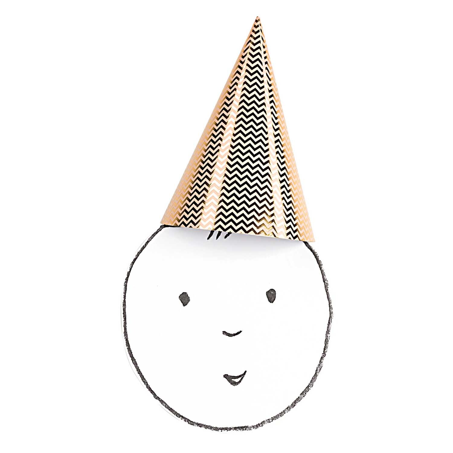 Partyhüte rosa-gold 20cm 8 Stück von Rico Design: Ein Partyhut mit Zickzackmuster auf einem gezeichneten Gesicht.