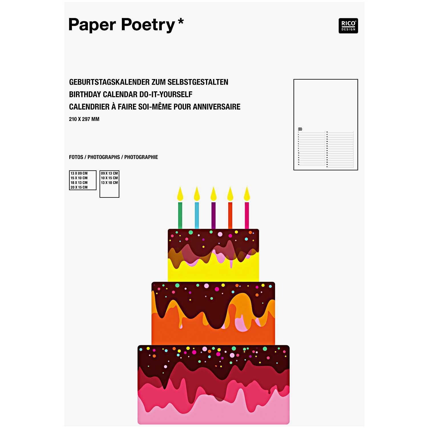 Paper Poetry Geburtstagskalender A4 mit buntem Kerzenkuchen-Design von Rico Design.
