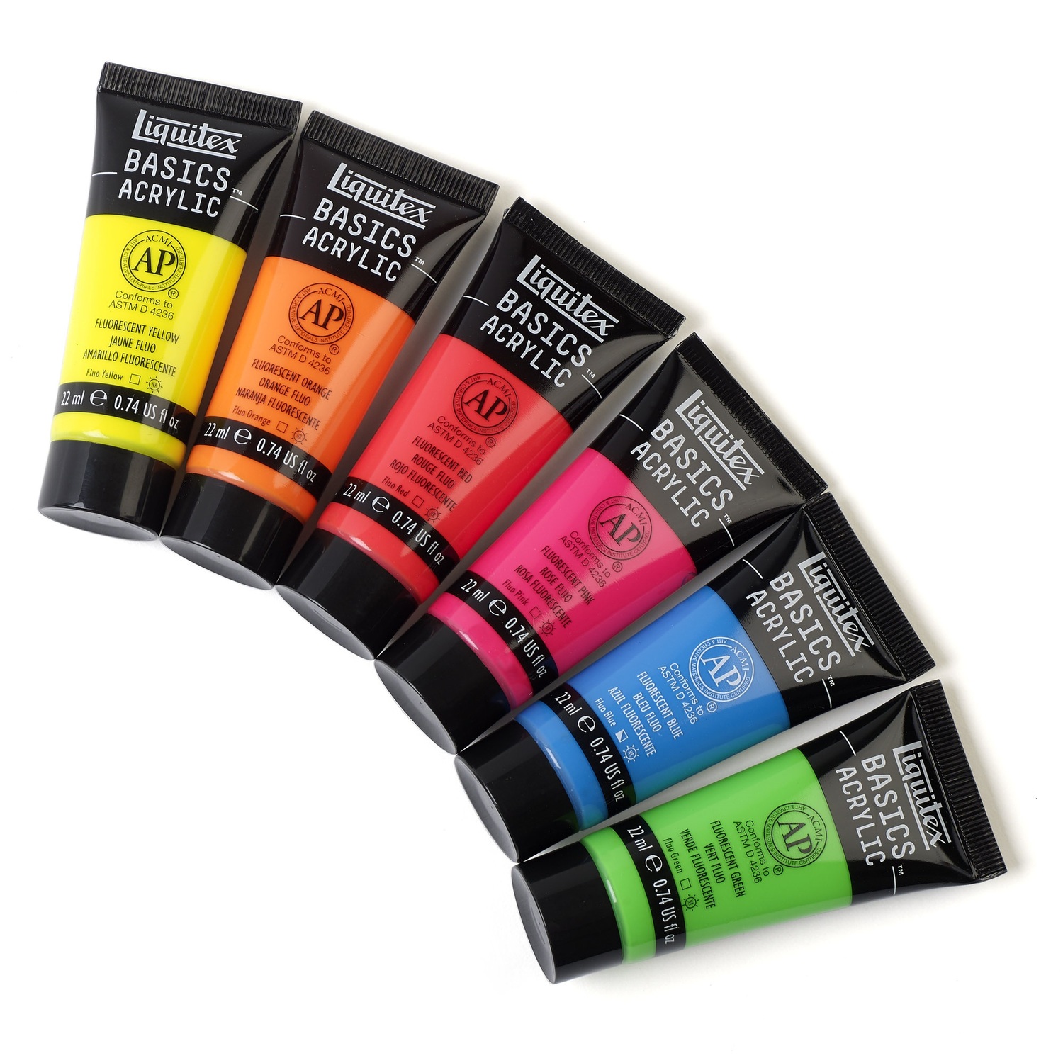 Basics Acrylfarben Set Neon 6x22ml zeigt sechs leuchtende Farben von Liquitex in Tuben. Ideal für kreative Projekte.