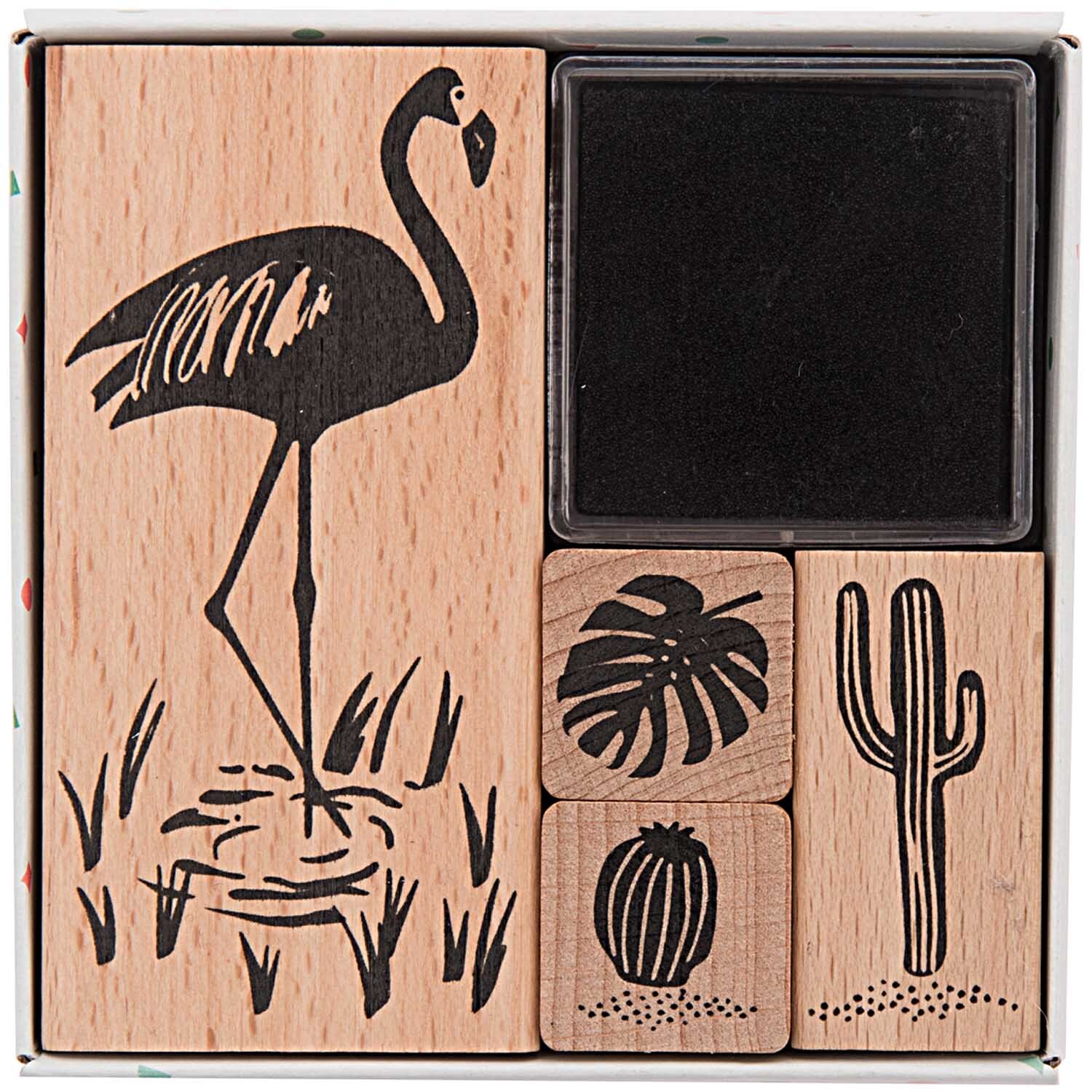 Paper Poetry Stempelset Tropical Spring Flamingo mit fünf schwarzen Stempeln von Rico Design, darunter Flamingo, Blatt und Kaktus.