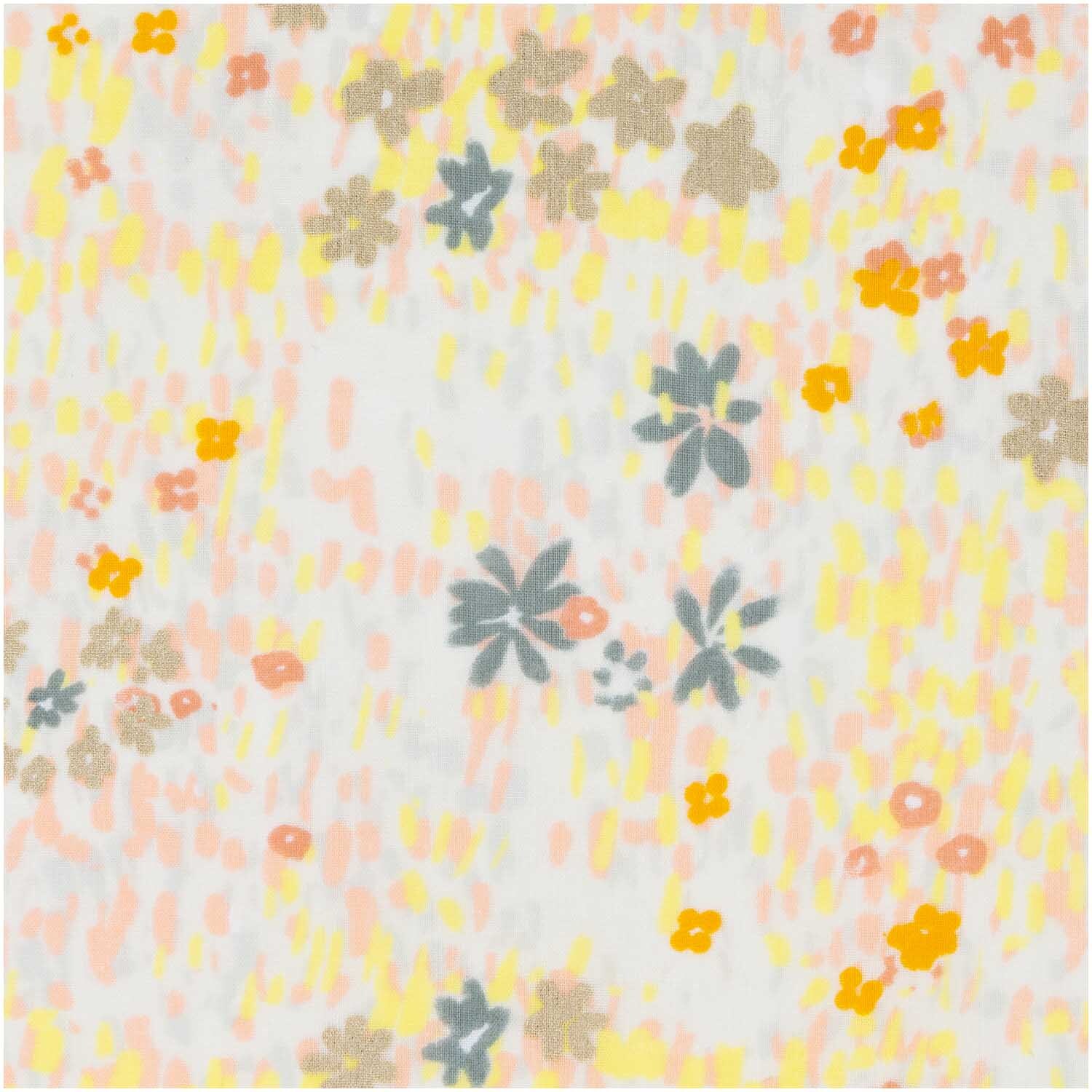 Musselin-Druckstoff Crafted Nature Blumenwiese Grau-Metallic 140cm zeigt bunte Blumenmuster auf hellem Hintergrund, ideal für kreative Nähprojekte.