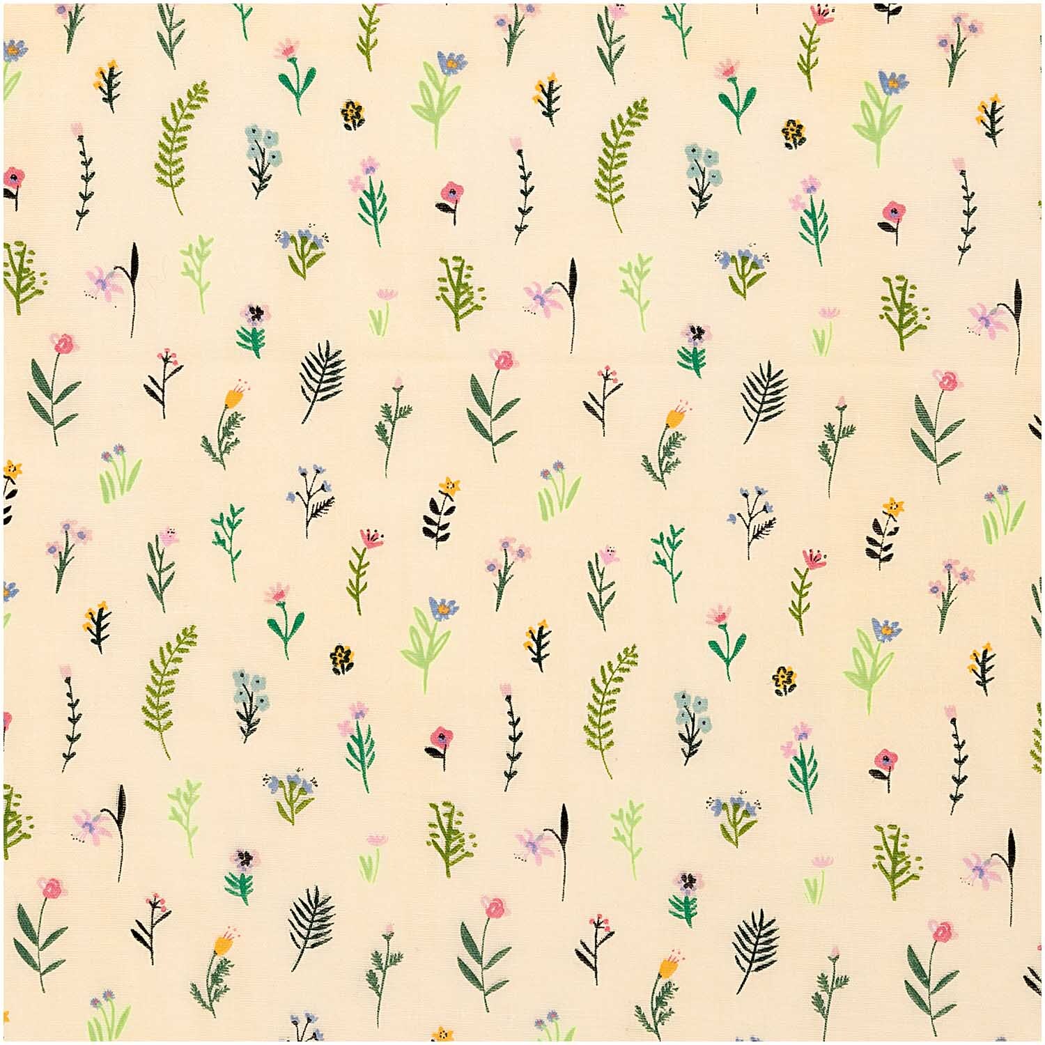 Musselin-Druckstoff Bunny Hop Streublumen zeigt bunte Blumenmuster auf gelbem Hintergrund. Ideal für kreative Nähprojekte.