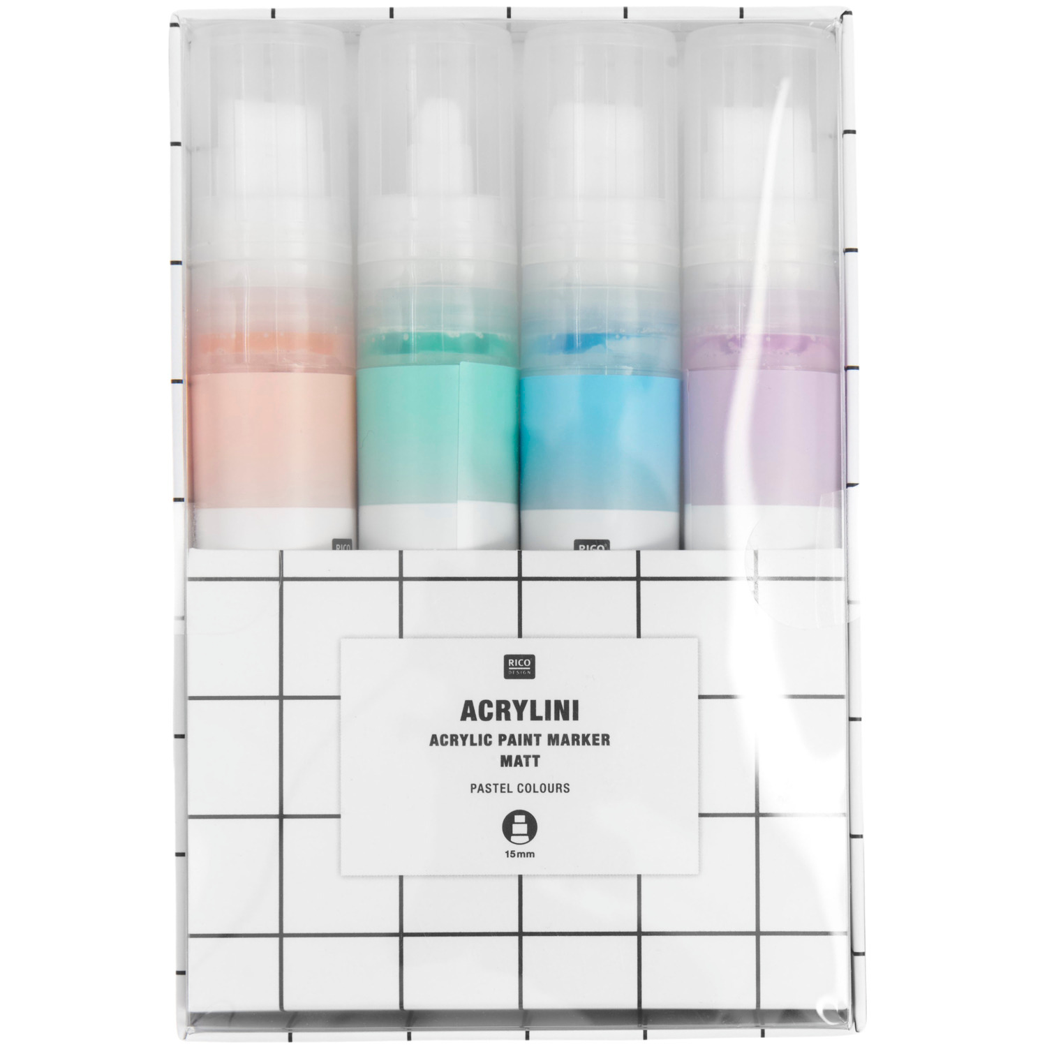 Acrylini Marker Set XL mit vier pastellfarbenen Acrylmarkern von Rico Design, ideal für kreative Projekte.