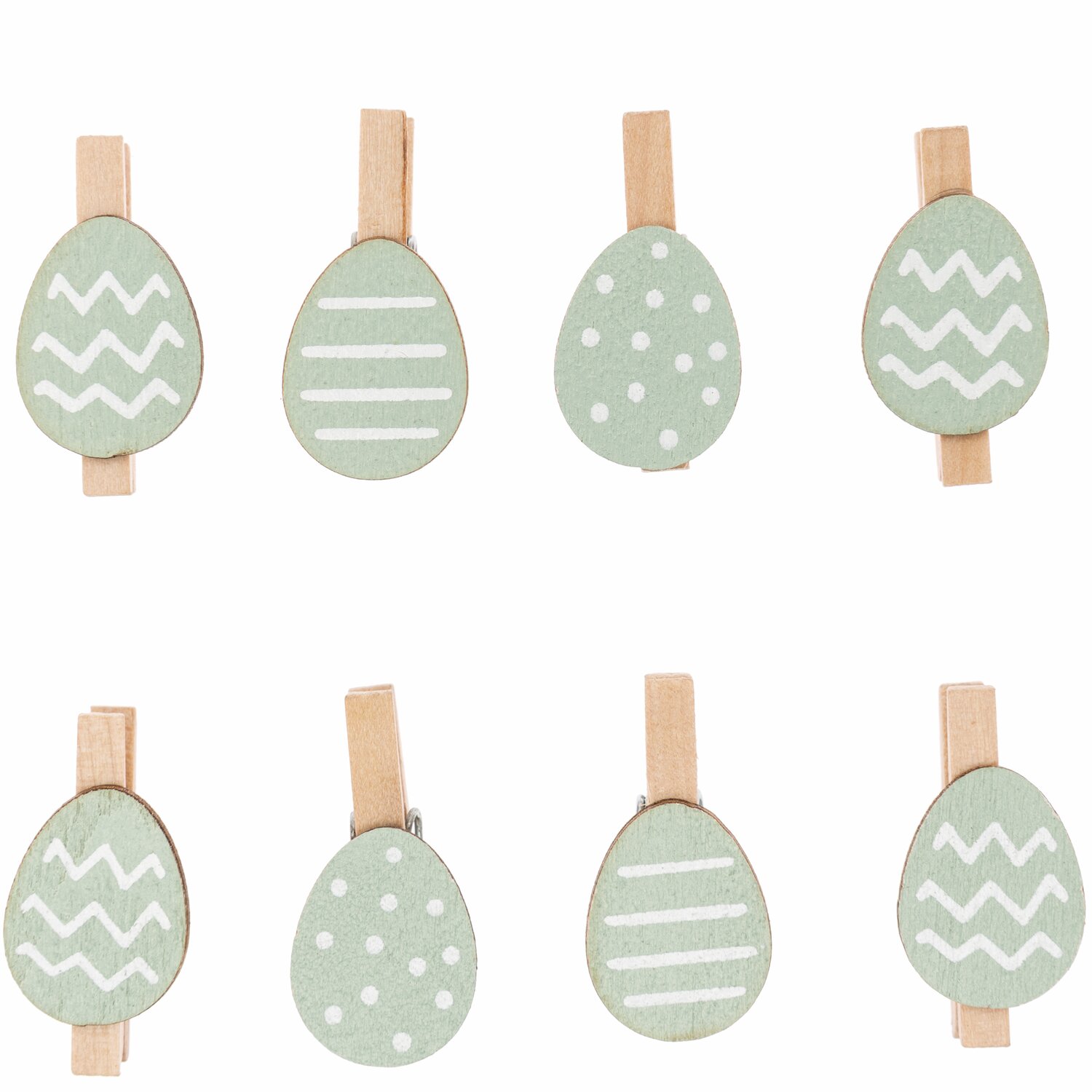 Dekoklammern Osterei 8 Stück in Mint mit verschiedenen Mustern, ideal für Osterdekorationen.