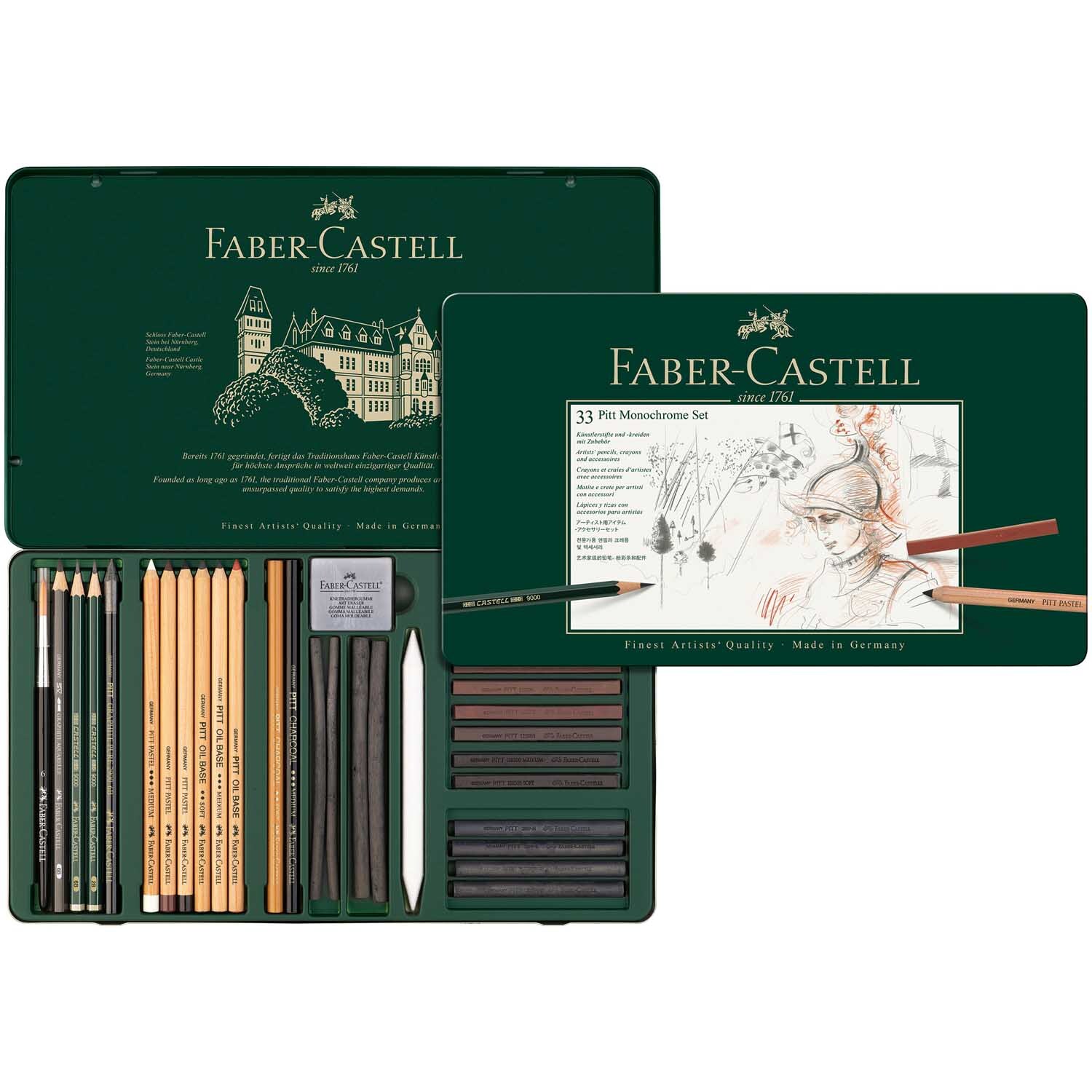 Pitt Monochrome Zeichenset von Faber Castell, 33-teilig, in einer grünen Box mit Stiften und Zubehör.