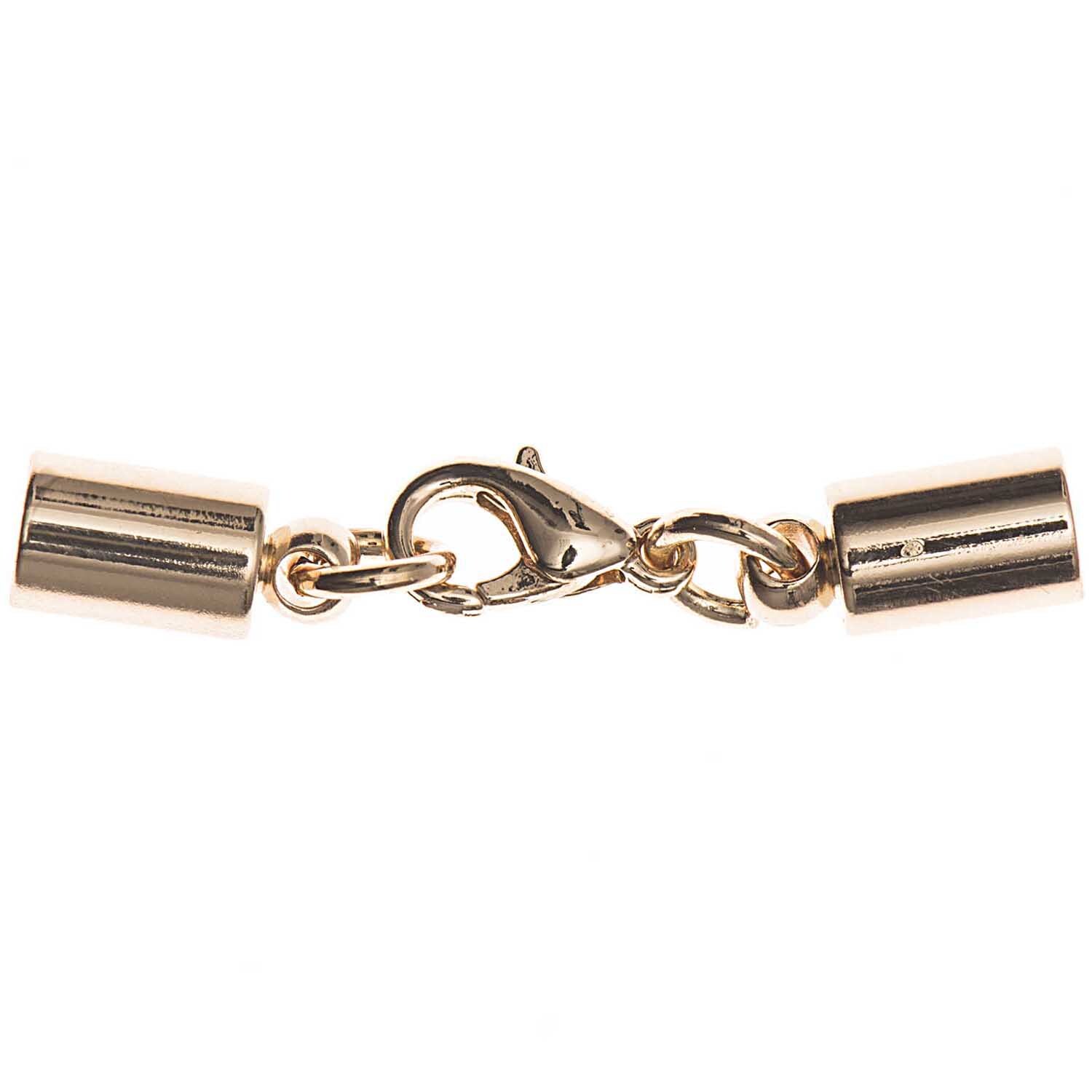 Karabiner mit Endkappen gold 5mm von Rico Design, zeigt einen goldenen Verschluss mit zwei Endkappen. Ideal für Schmuckdesigns.