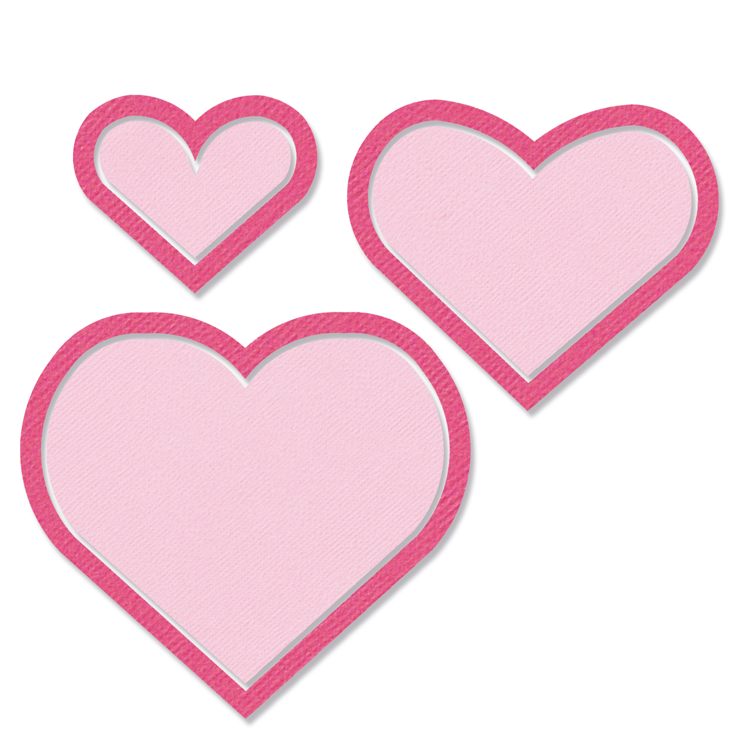 Framelits Die Set Heart Frames 6PK: Drei rosa Herzrahmen von Sizzix, ideal für kreative Bastelprojekte.
