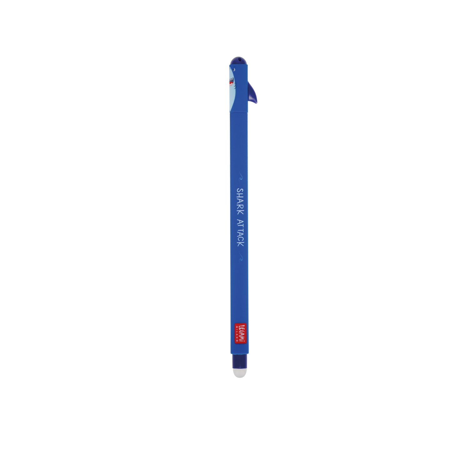 Legami löschbarer Gelstift in Blau mit Hai-Design, ideal für präzises Schreiben und Korrigieren.