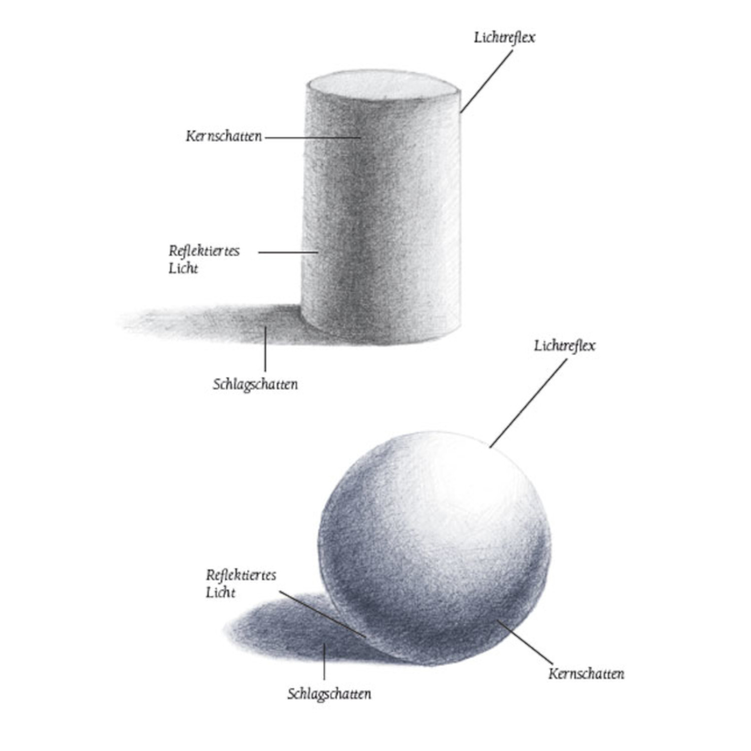 Die Kunst des Malens Acryl: Schwarz-weiße Zeichnung von Zylinder und Kugel mit Licht- und Schatteneffekten.