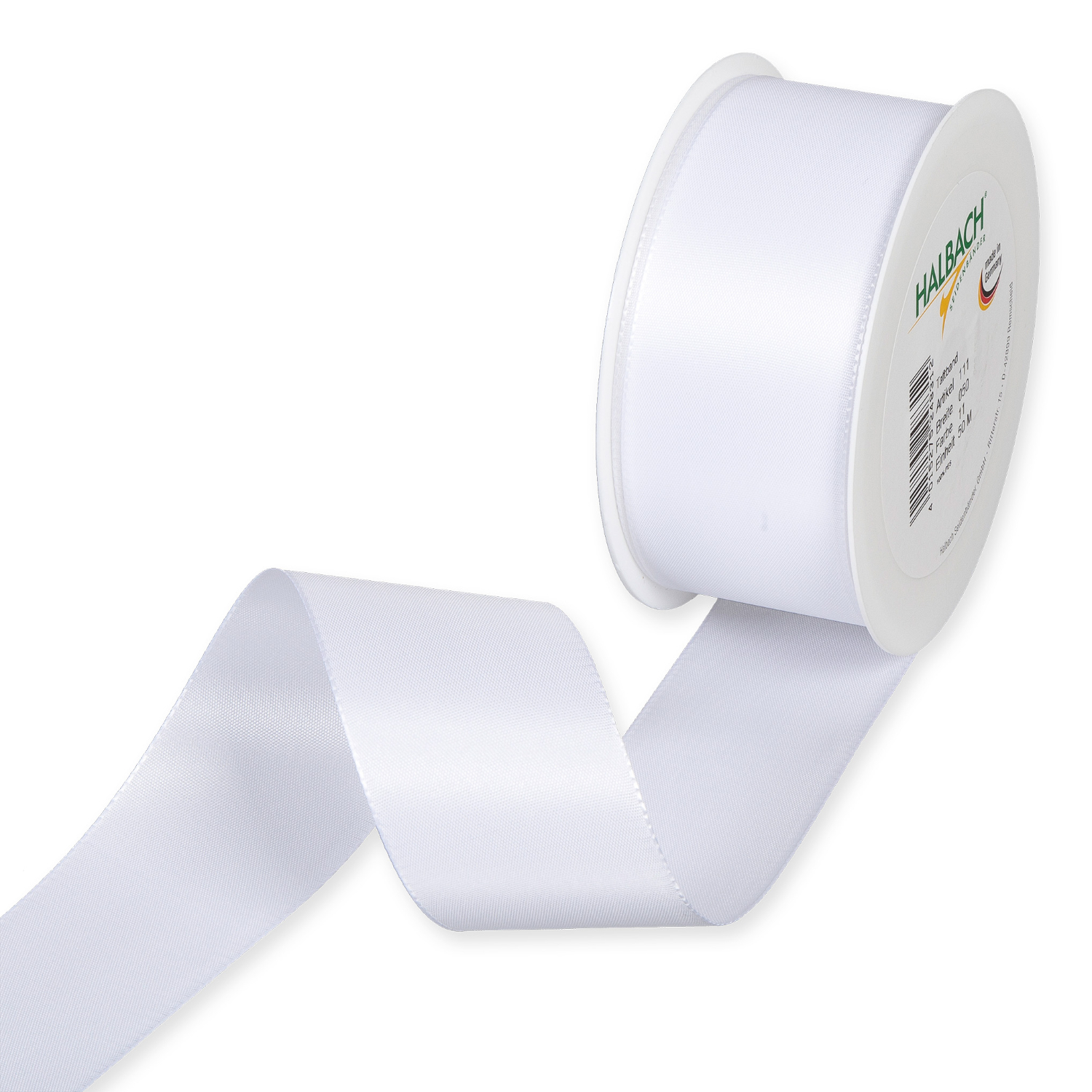 Taftband, 50mm breit, 5m lang, in elegantem Weiß von Halbach, ideal für Dekorationen.