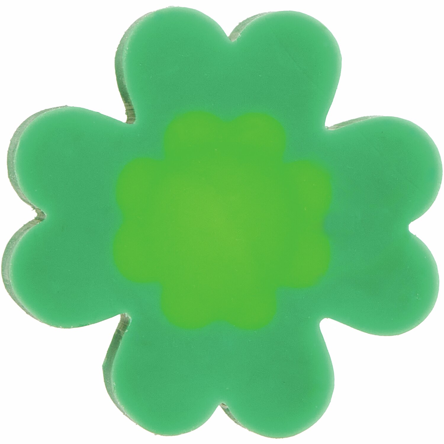 Mini-Radiergummi Kleeblatt in leuchtendem Neongrün von Rico Design, geformt wie ein Kleeblatt.