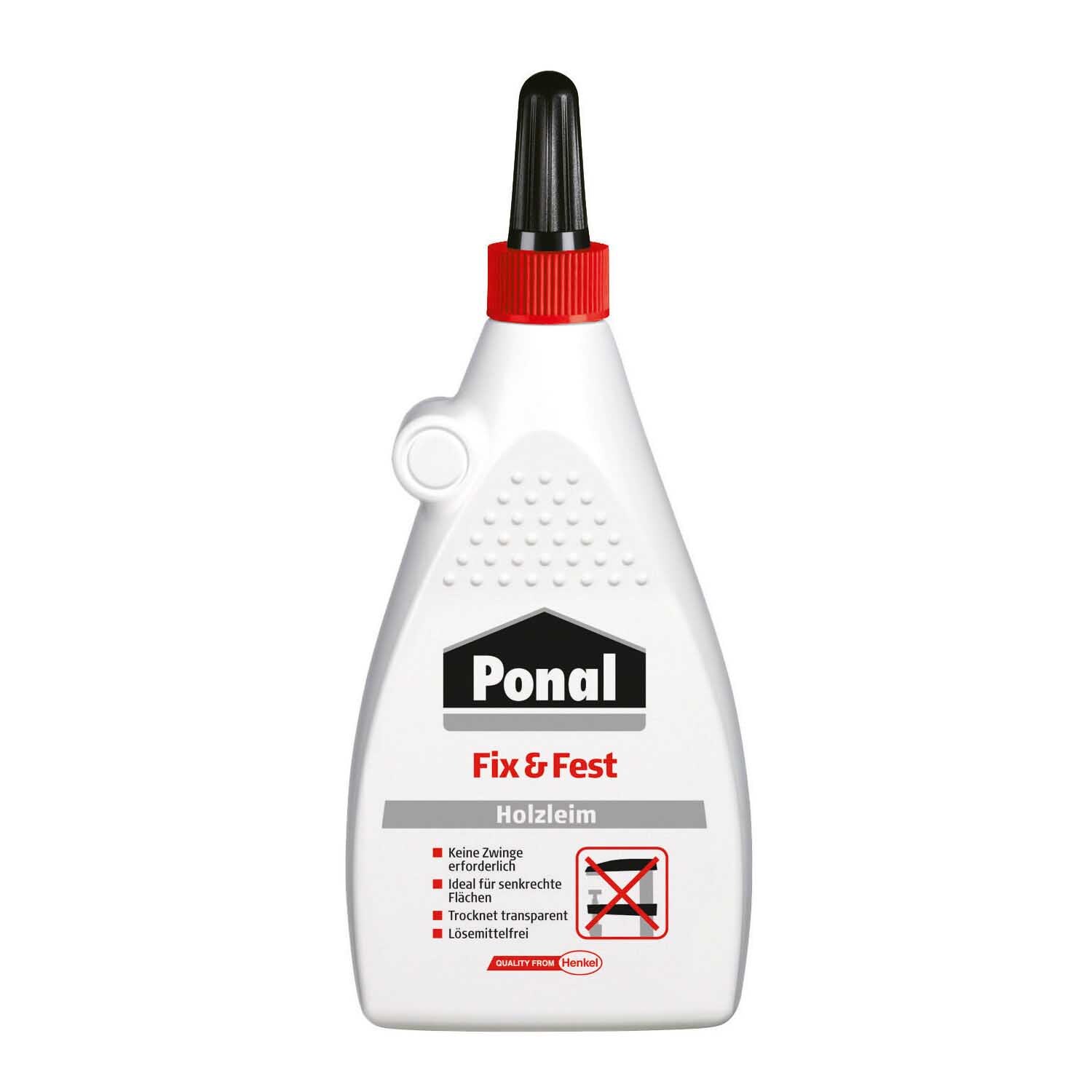 Fix & Fest 200g Holzleim von Ponal in weißer Flasche mit rotem Verschluss, ideal für starke Holzverbindungen.