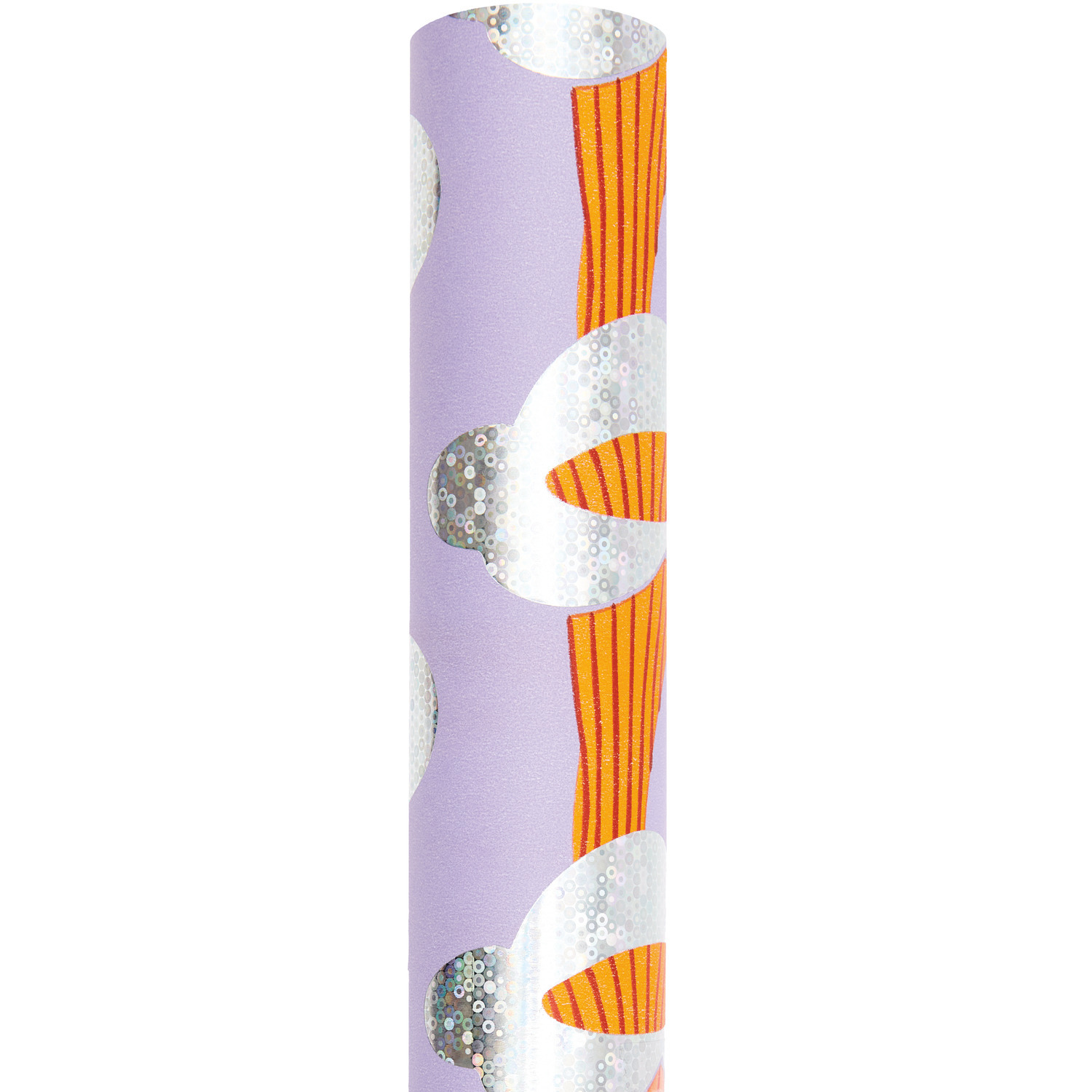 Geschenkpapier Pfifferlinge Flieder von Rico Design mit lila Hintergrund und weißen Pilzmuster. Rolle ist 70cm breit, 2m lang, 80g/m².
