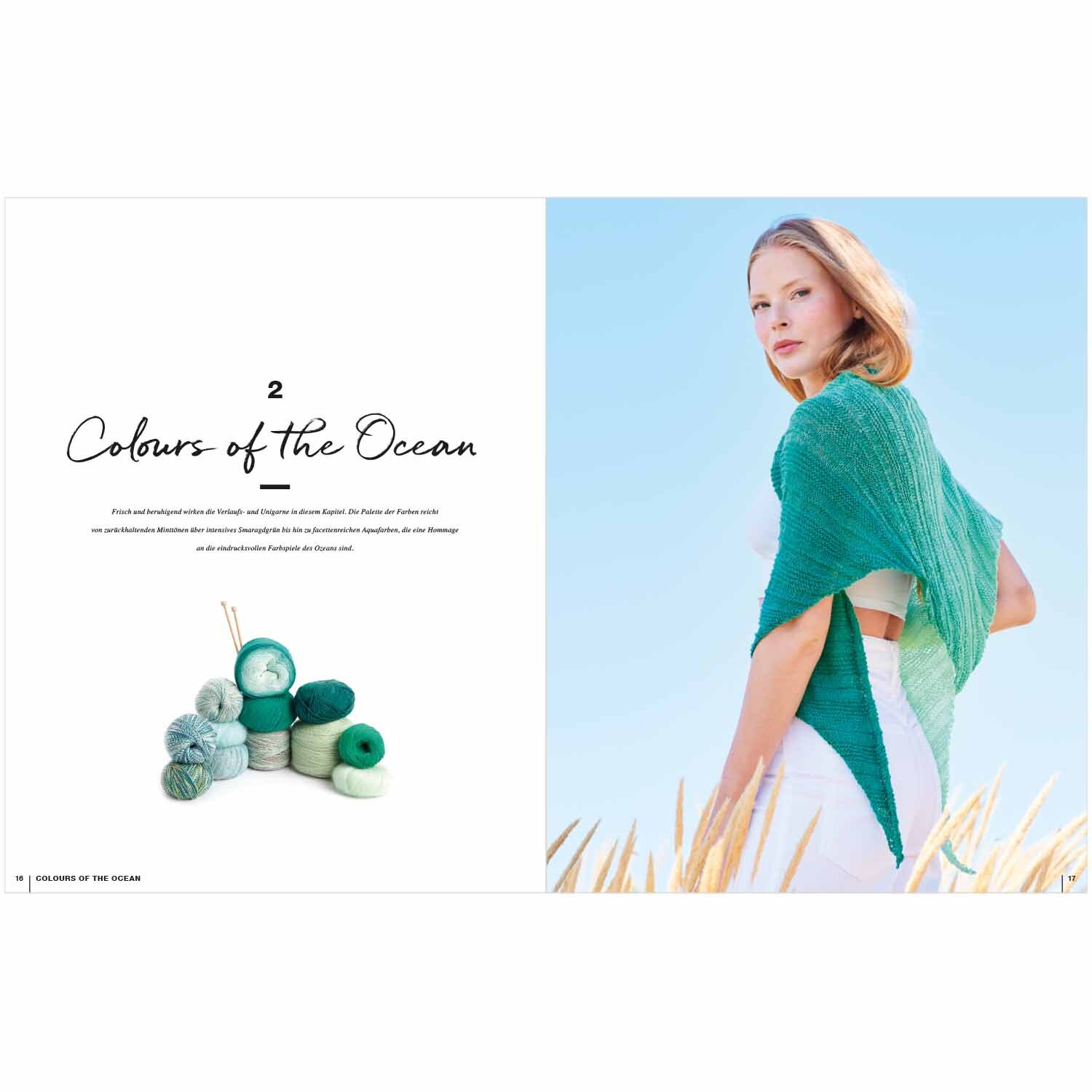 Lovewool Nr.16 Handstrickmagazin Frühjahr-Sommer zeigt eine Frau mit grünem Schal am Strand. Links sind grüne Wollknäuel von Rico Design.