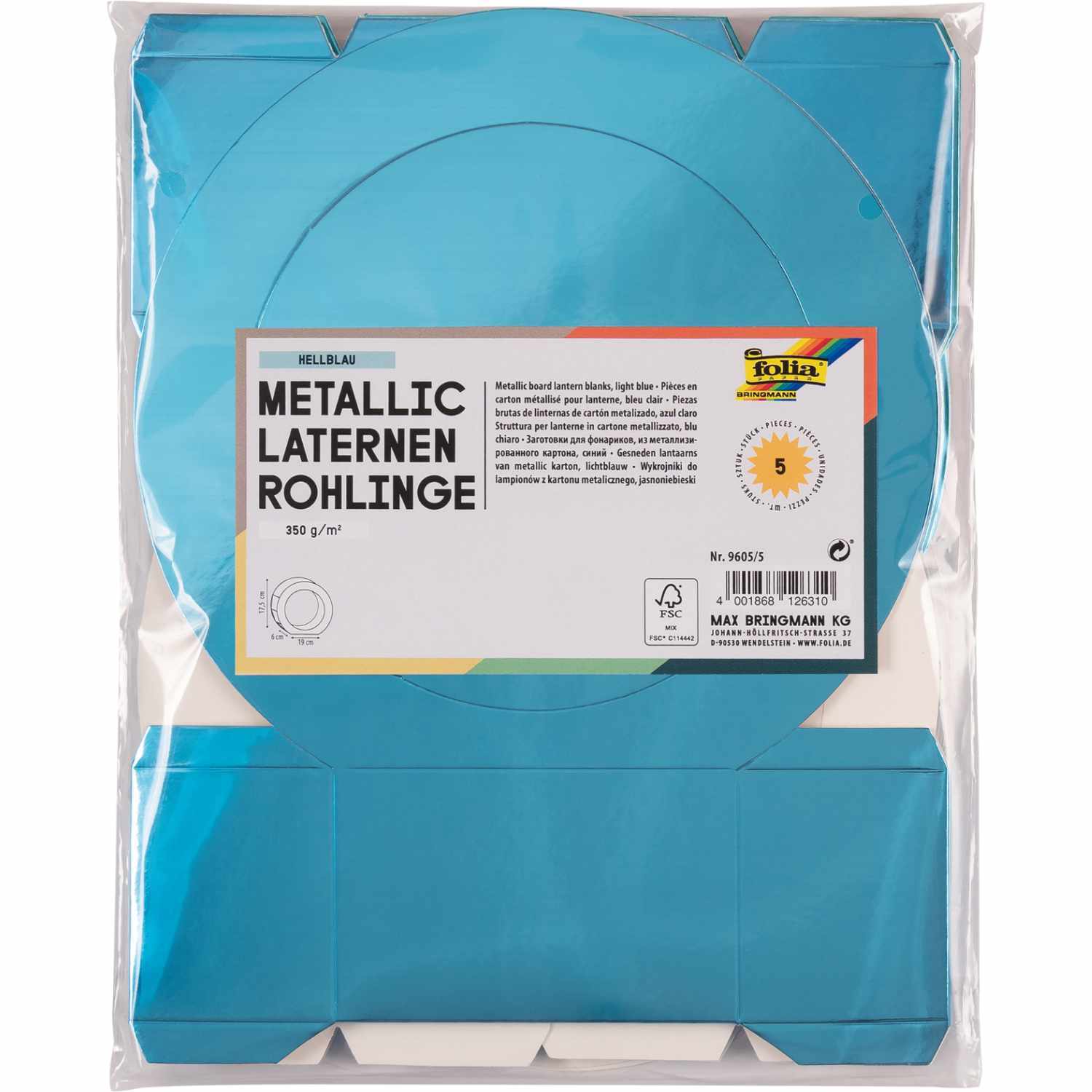 Laternenrohlinge Metallic-Karton 19cm 5 Stück Farbe Hellblau von Max Bringmann 