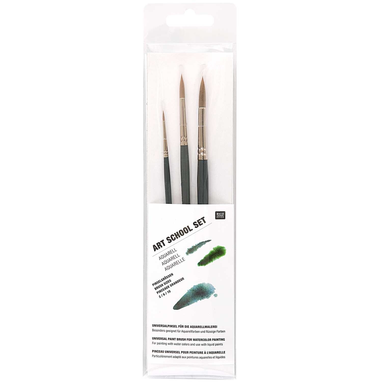 Pinsel Art School Aquarellset, 3-teilig, von Rico Design. Enthält drei feine Pinsel in einer transparenten Verpackung, ideal für Aquarellmalerei.