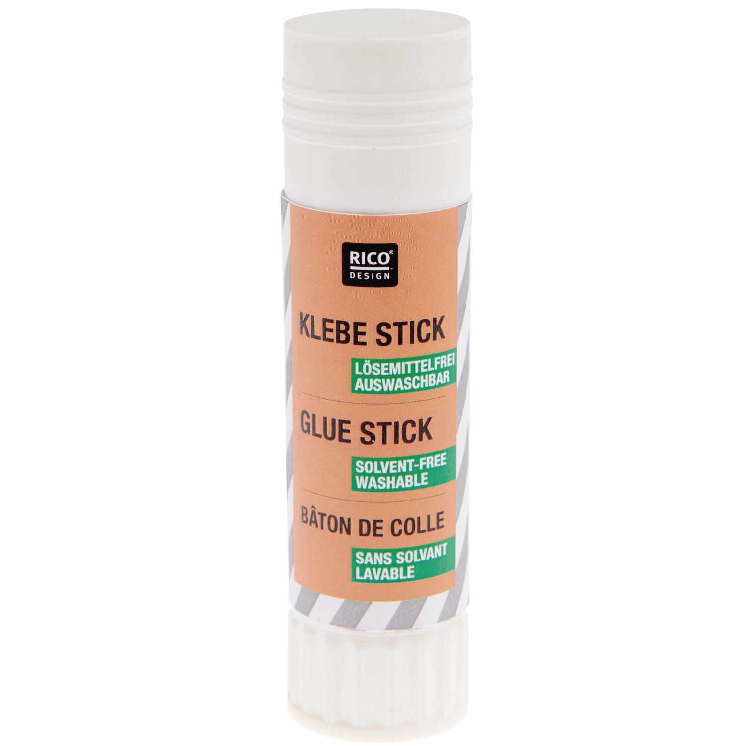 Klebestick von Rico Design, lösemittelfrei und auswaschbar, in weißer Hülle mit orangefarbenem Etikett. Ideal für Bastelprojekte.