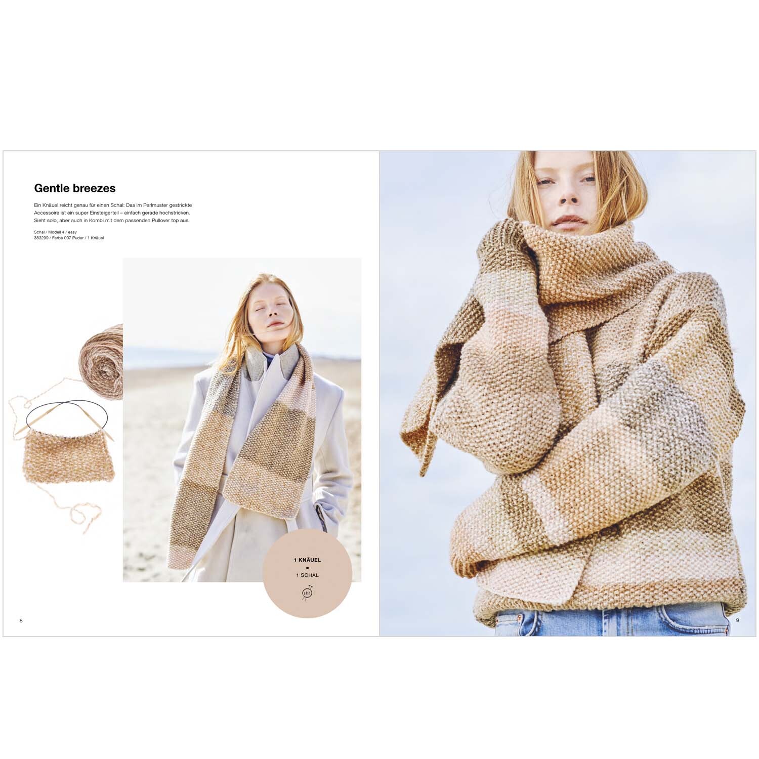 Chic Unique Special: Frau in gestricktem Pullover und Schal in Beige von Rico Design am Strand.
