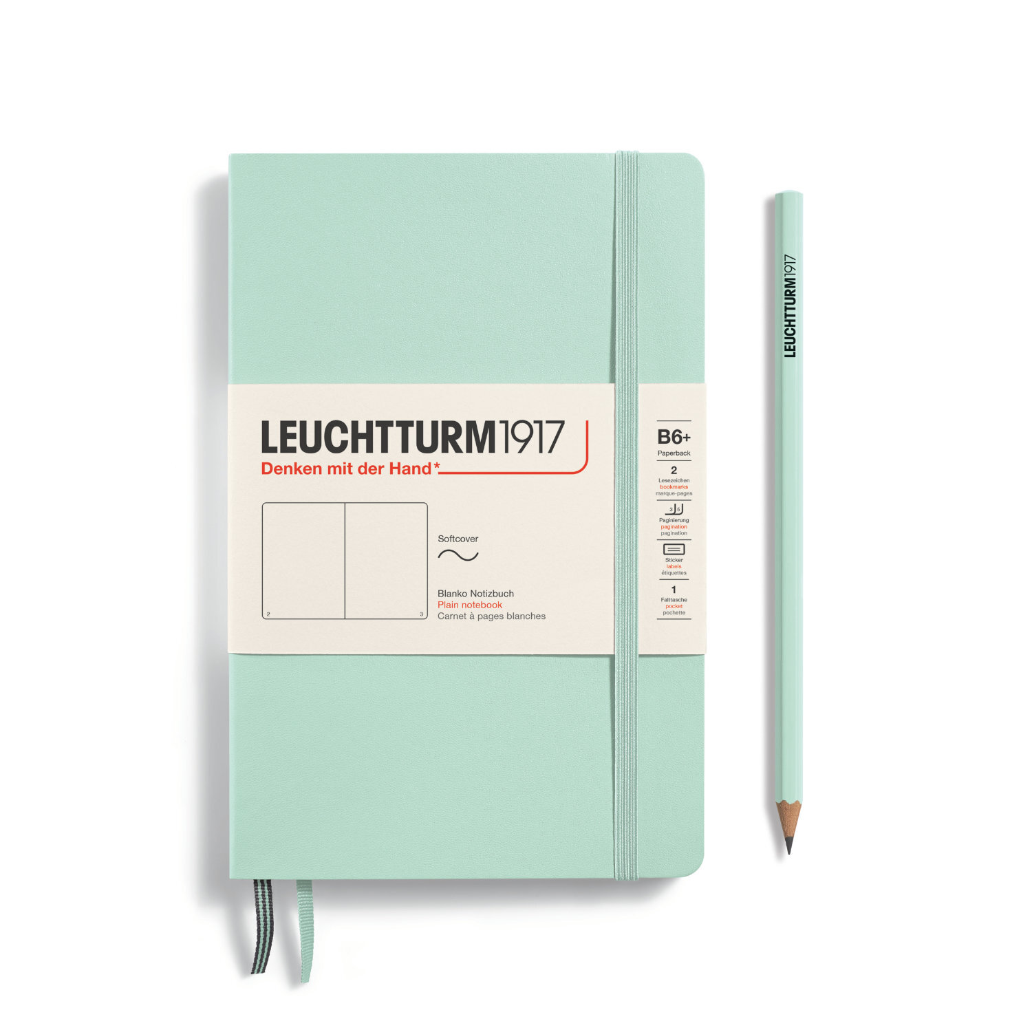Notizbuch Paperback blanko Softcover B6 in Mint Green von LEUCHTTURM1917, mit elastischem Verschluss und passendem Bleistift.