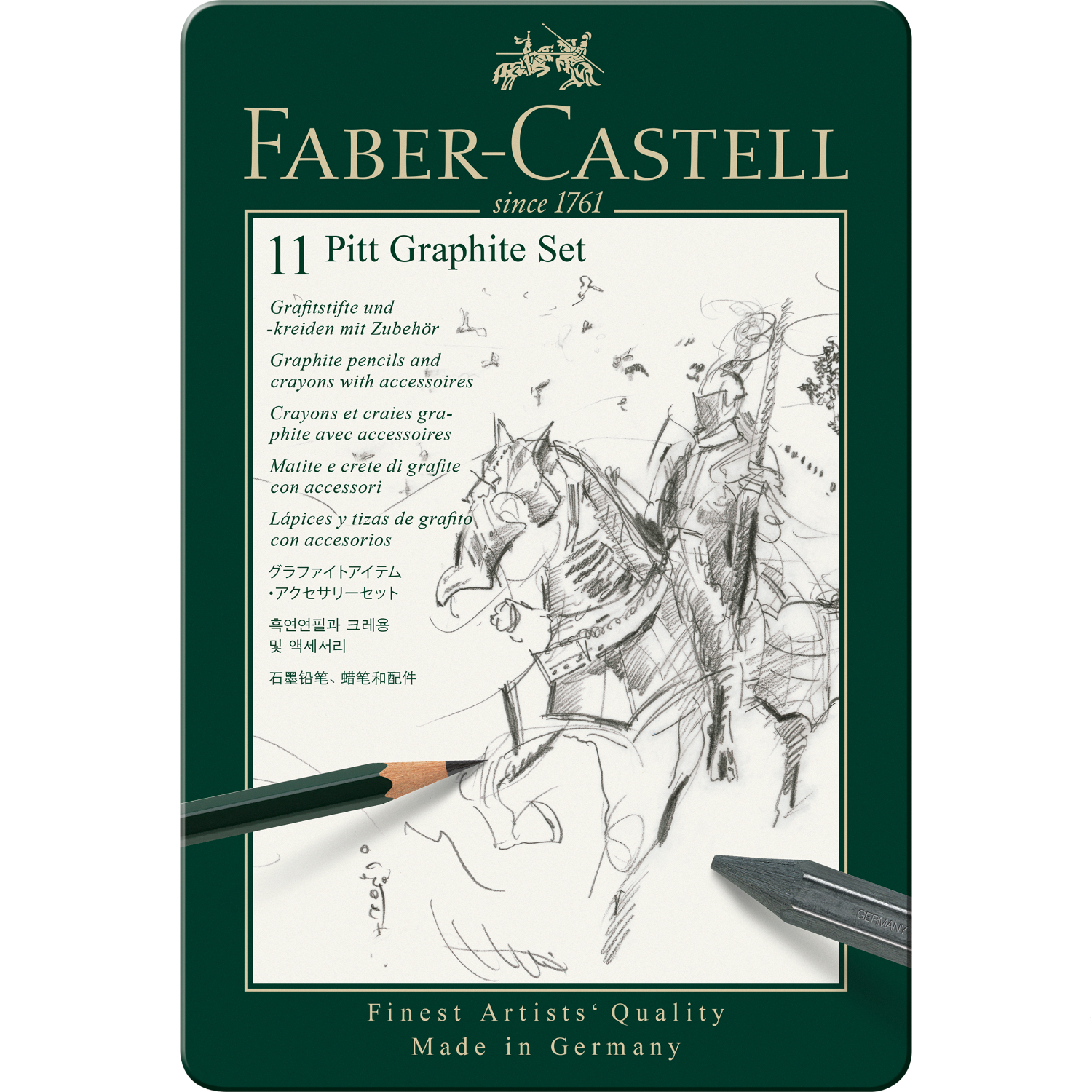 Pitt Graphite Set: 11-teiliges Set von Faber Castell mit Skizze eines Ritters auf einem Pferd. Ideal für Künstler.