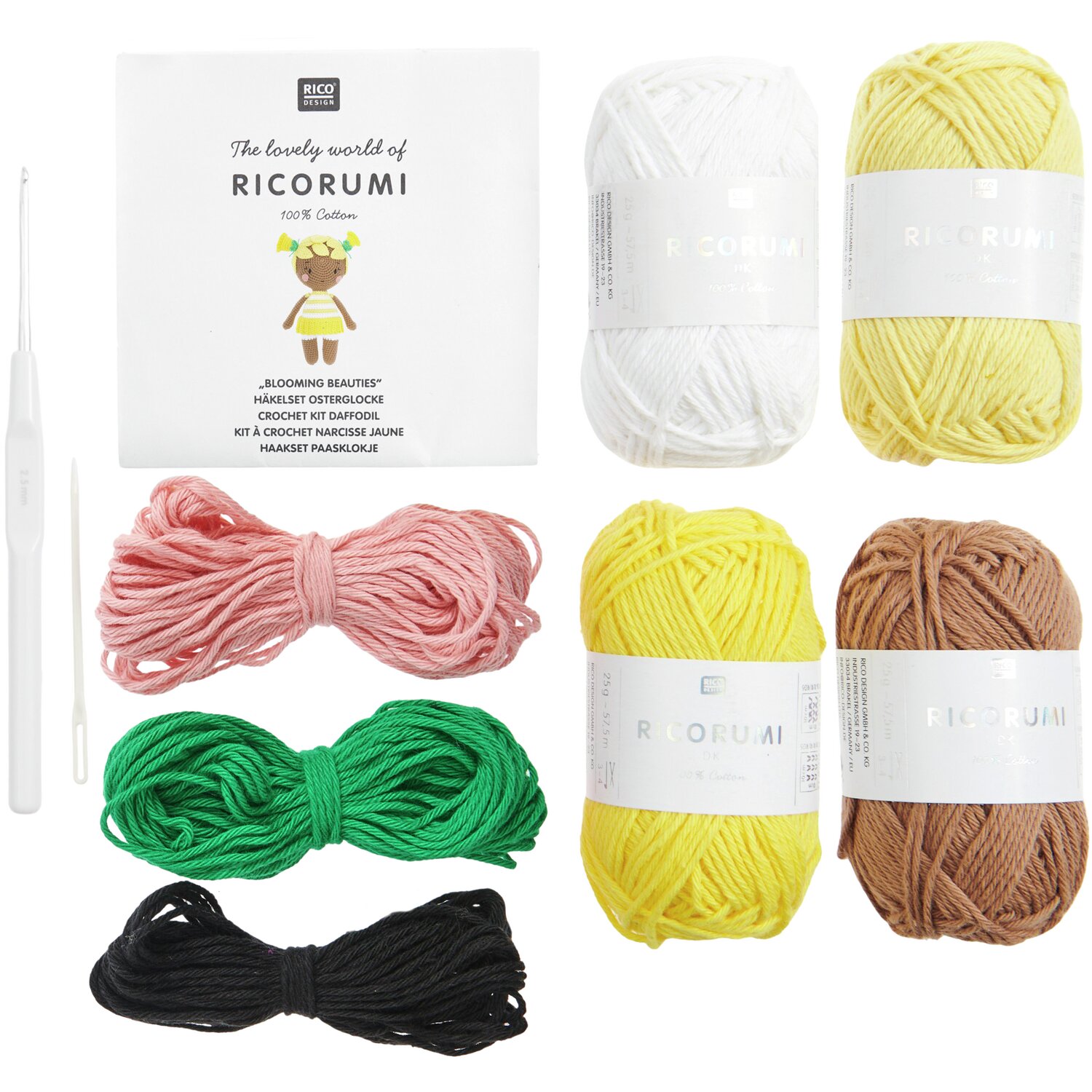 Häkelset Ricorumi Blooming Beauties Osterglocke mit bunten Garnen und Häkelnadel von Rico Design. Ideal für kreative Häkelprojekte.
