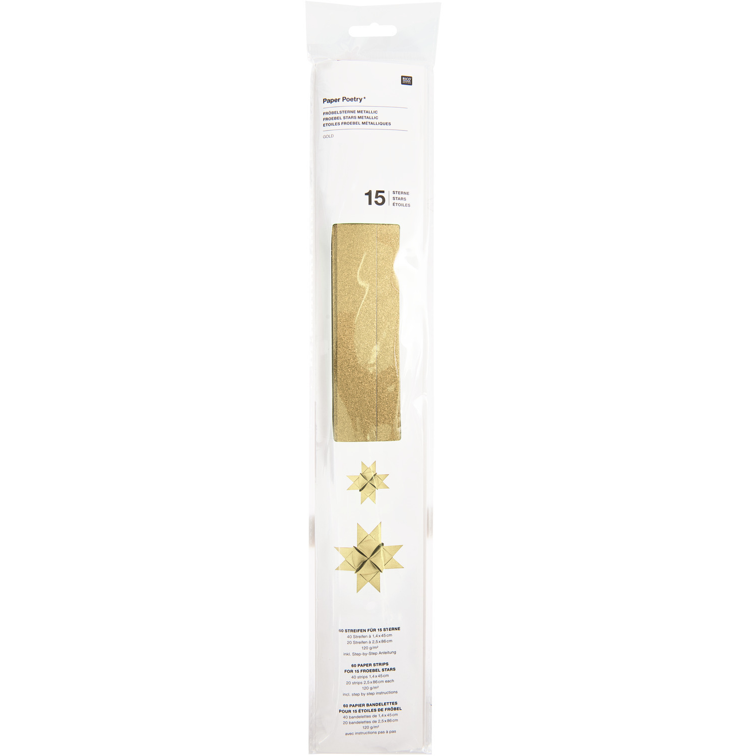 Paper Poetry Fröbelstreifen Glitter M+L: Goldene Papierstreifen von Rico Design, ideal für kreative Bastelprojekte. Enthält 60 Stück.